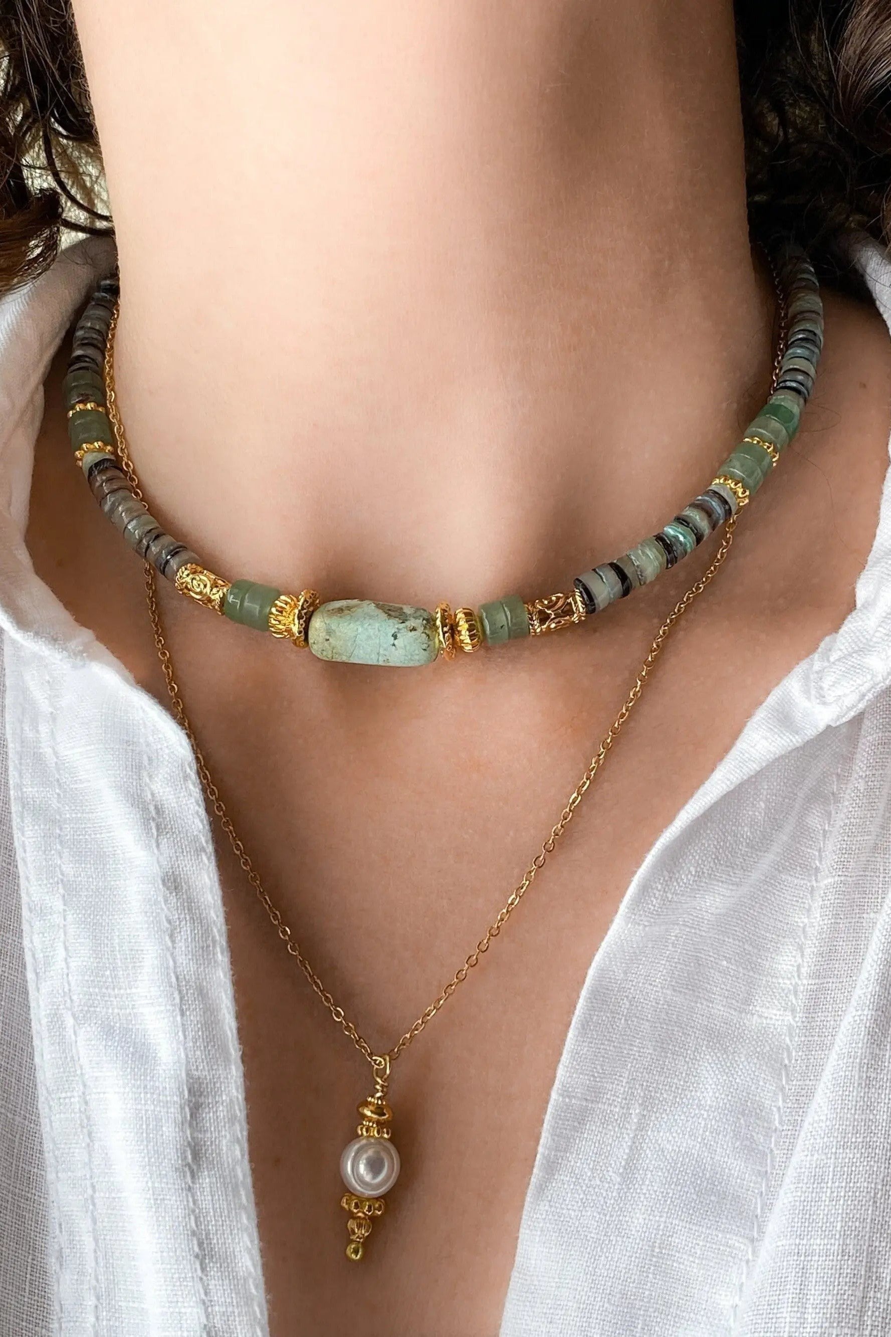 Heishi Necklace Aventurine Shell Necklace Statement Boho Necklace Surfer Choker African Stone Necklace