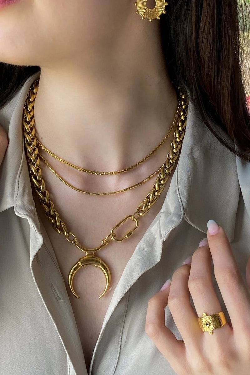 Chunky Chain Necklace Gold Horn Pendant Statement Necklace Thick Heavy Necklace Oversized Boho Necklace Gift