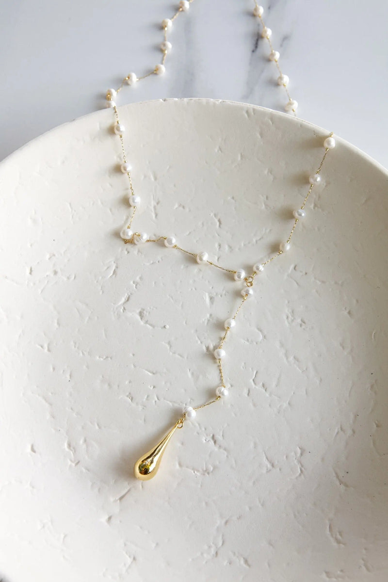 Lariat pearl rosary with golden tear drop