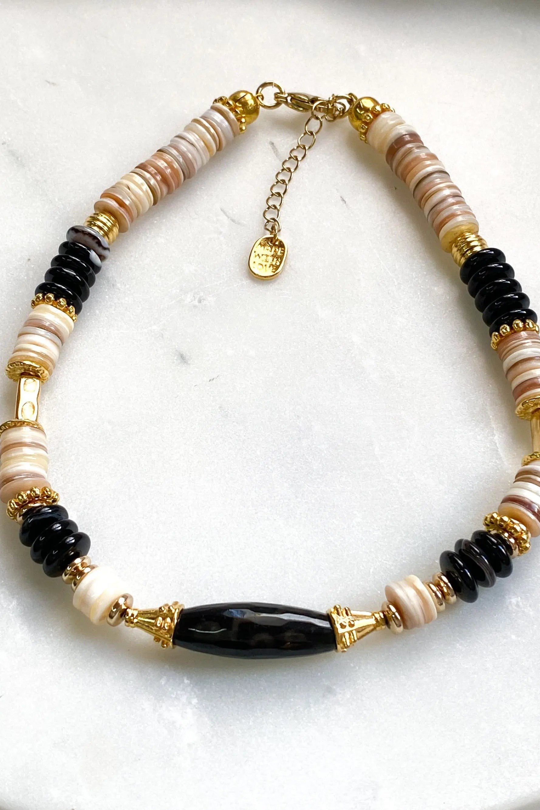 Heishi Necklace Shell Black Onyx Necklace Statement Boho Necklace Surfer Choker Onyx Stone Necklace