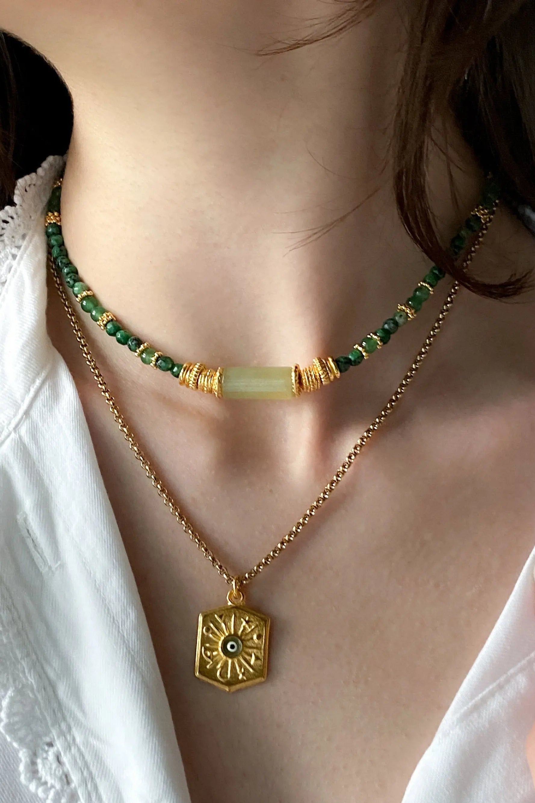 Gift for Mum Green Aventurine Necklace Jade Heishi Necklace Statement Boho Necklace Surfer Choker Gold Green Necklace