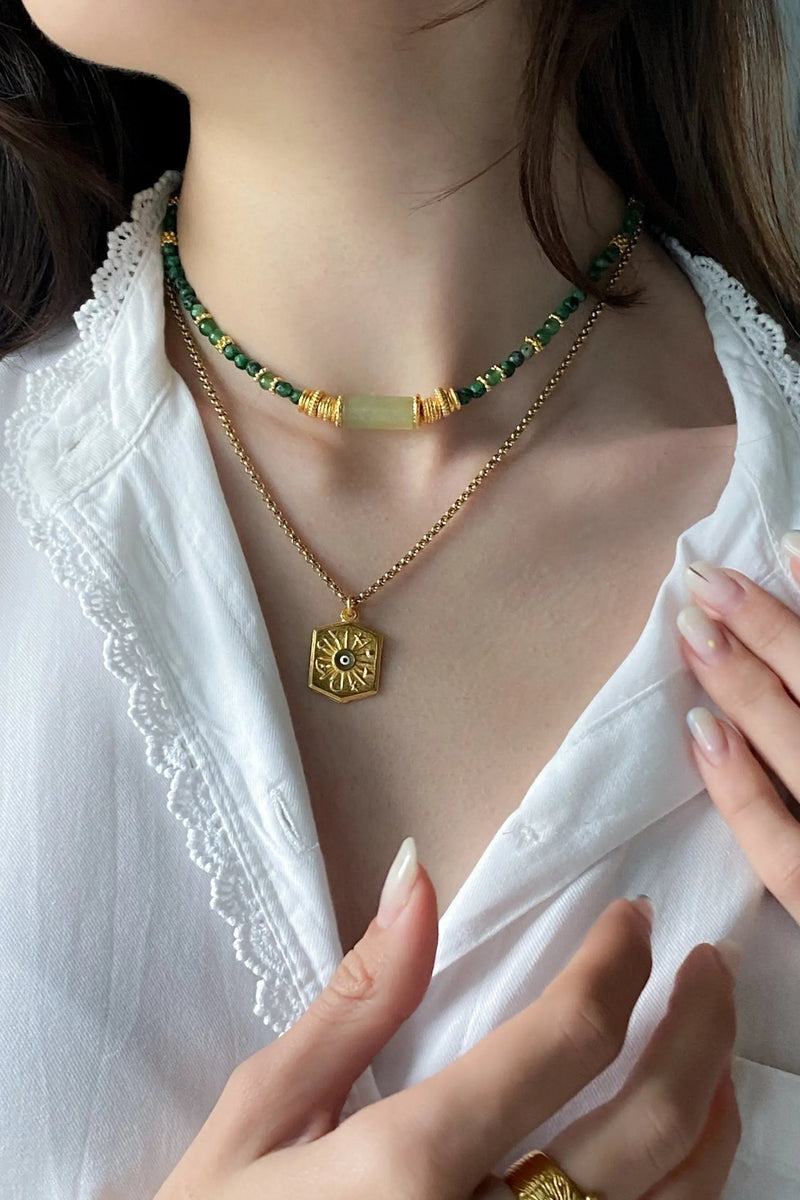 Gift for Mum Green Aventurine Necklace Jade Heishi Necklace Statement Boho Necklace Surfer Choker Gold Green Necklace
