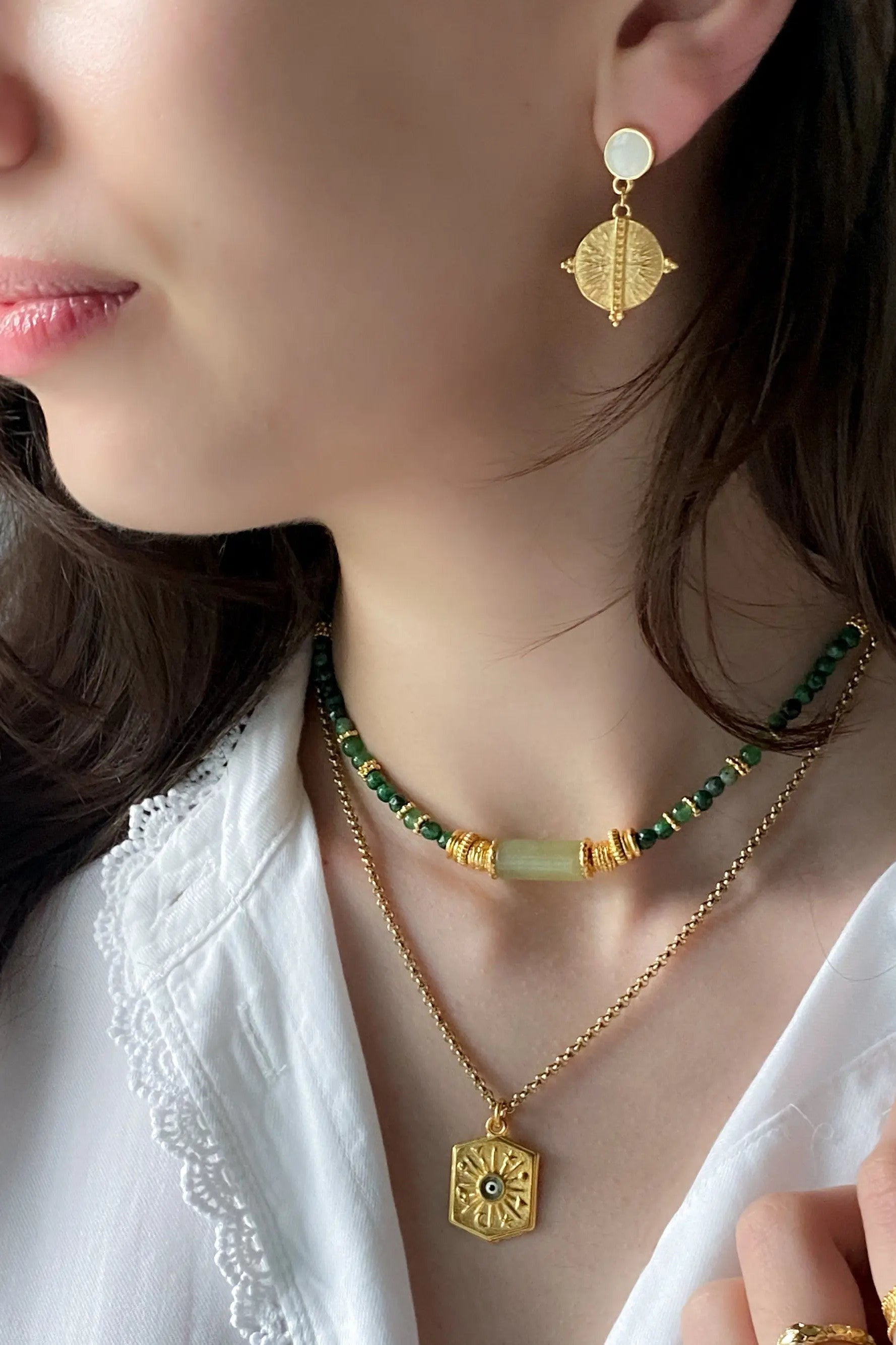 Gift for Mum Green Aventurine Necklace Jade Heishi Necklace Statement Boho Necklace Surfer Choker Gold Green Necklace