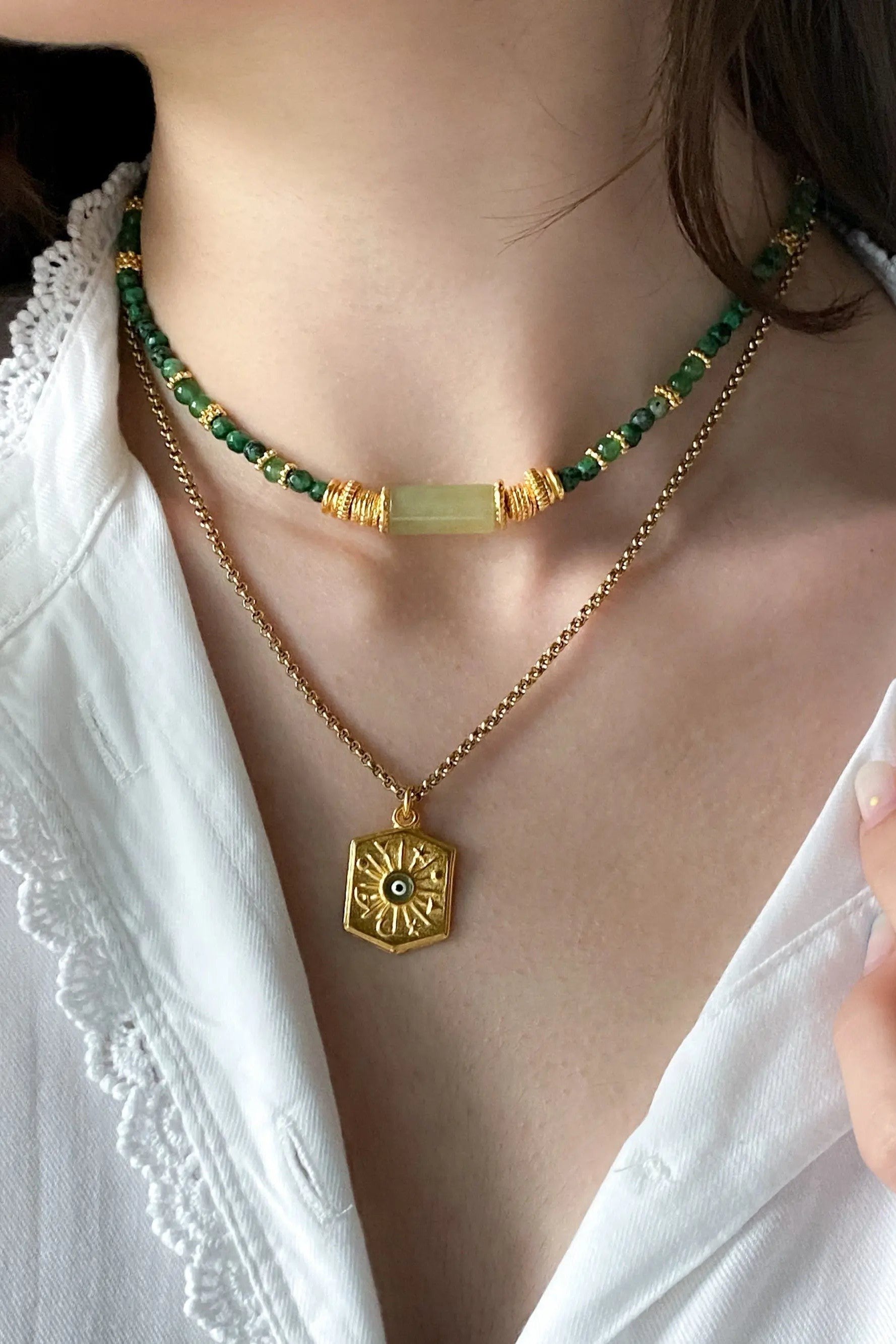 Gift for Mum Green Aventurine Necklace Jade Heishi Necklace Statement Boho Necklace Surfer Choker Gold Green Necklace