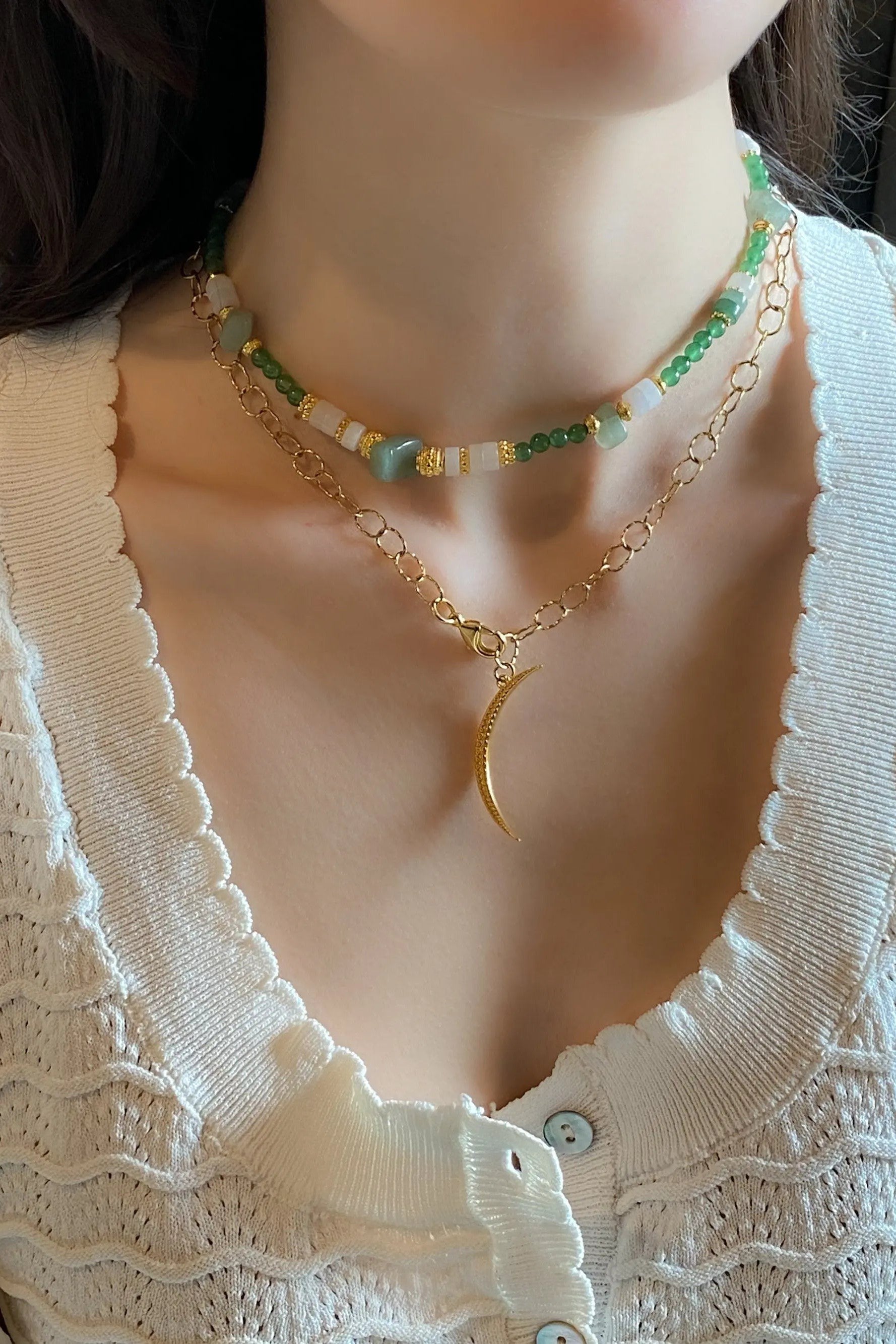 Green Aventurine Necklace White Quartz Heishi Necklace Statement Boho Necklace Surfer Choker Gold Green Necklace Gift for Mum