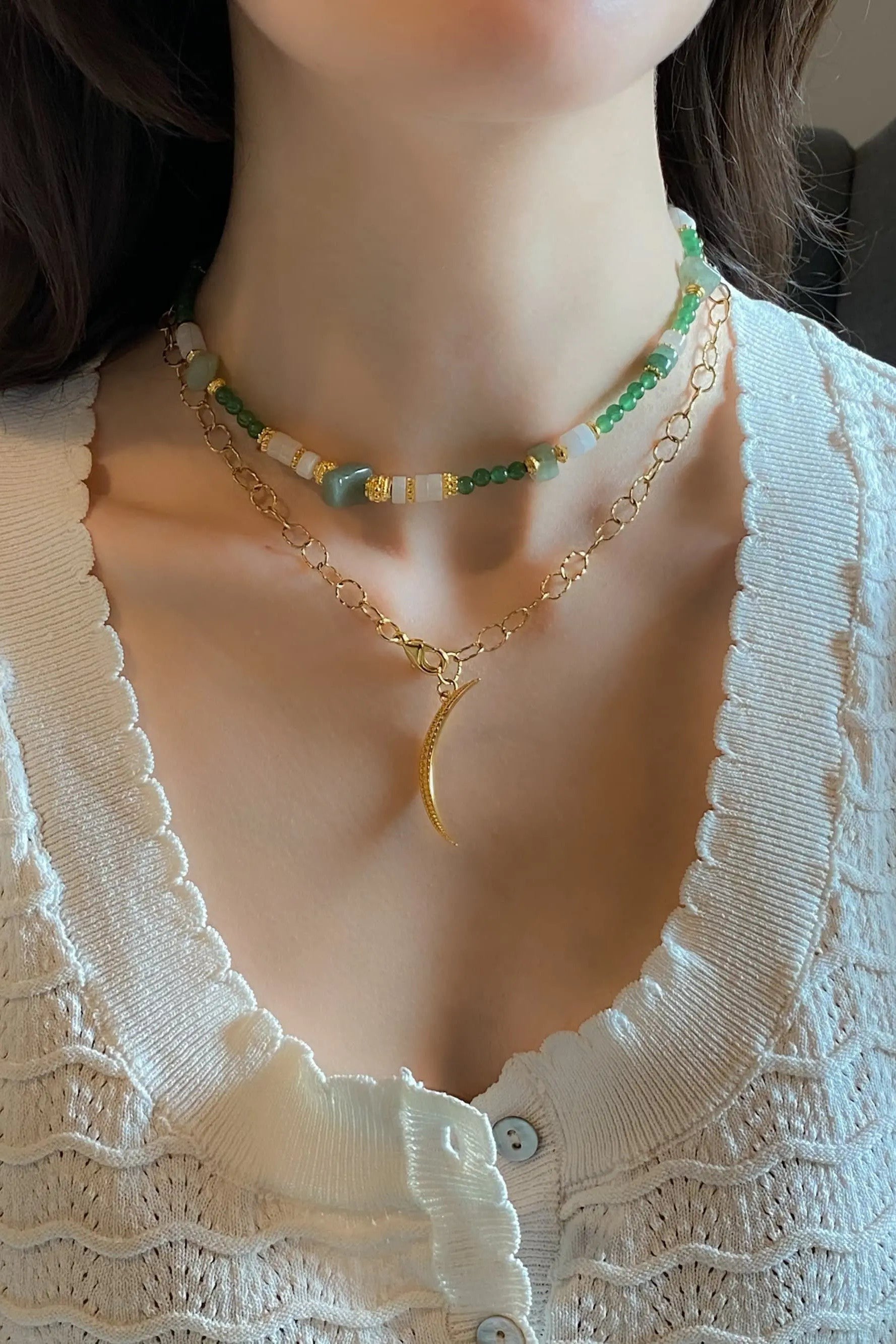 Green Aventurine Necklace White Quartz Heishi Necklace Statement Boho Necklace Surfer Choker Gold Green Necklace Gift for Mum