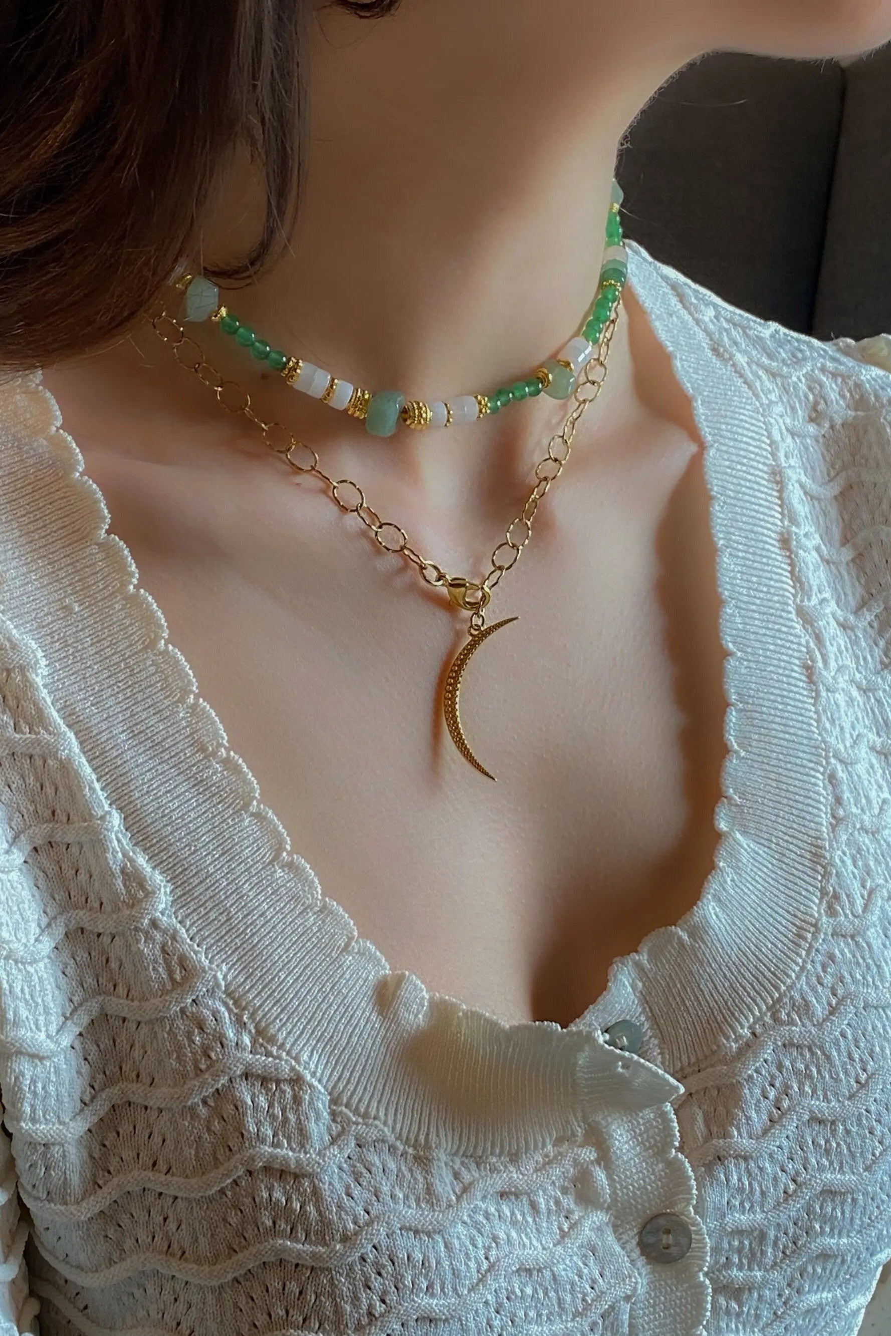 Green Aventurine Necklace White Quartz Heishi Necklace Statement Boho Necklace Surfer Choker Gold Green Necklace Gift for Mum