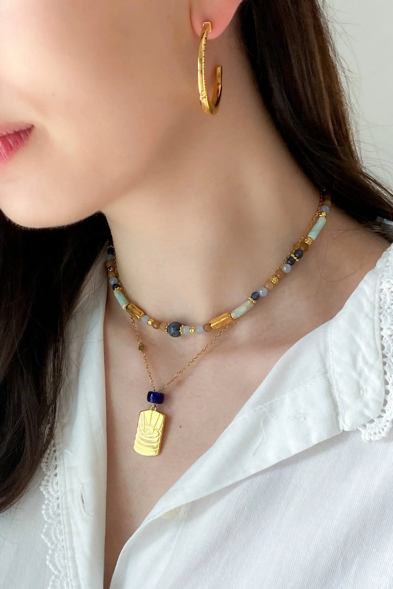 Mum Gift Heishi Necklace Blue Coral Jade Necklace Statement Necklace Surfer Choker Gold Charm Necklace Gift for her