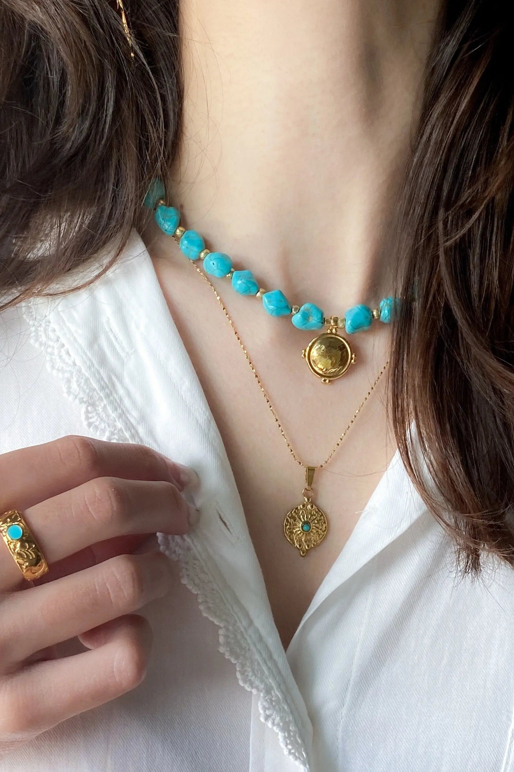 Necklace Turquoise stones Necklace Gold Pendant Blue Gemstones Chocker Gift for her Necklace Gold Coin