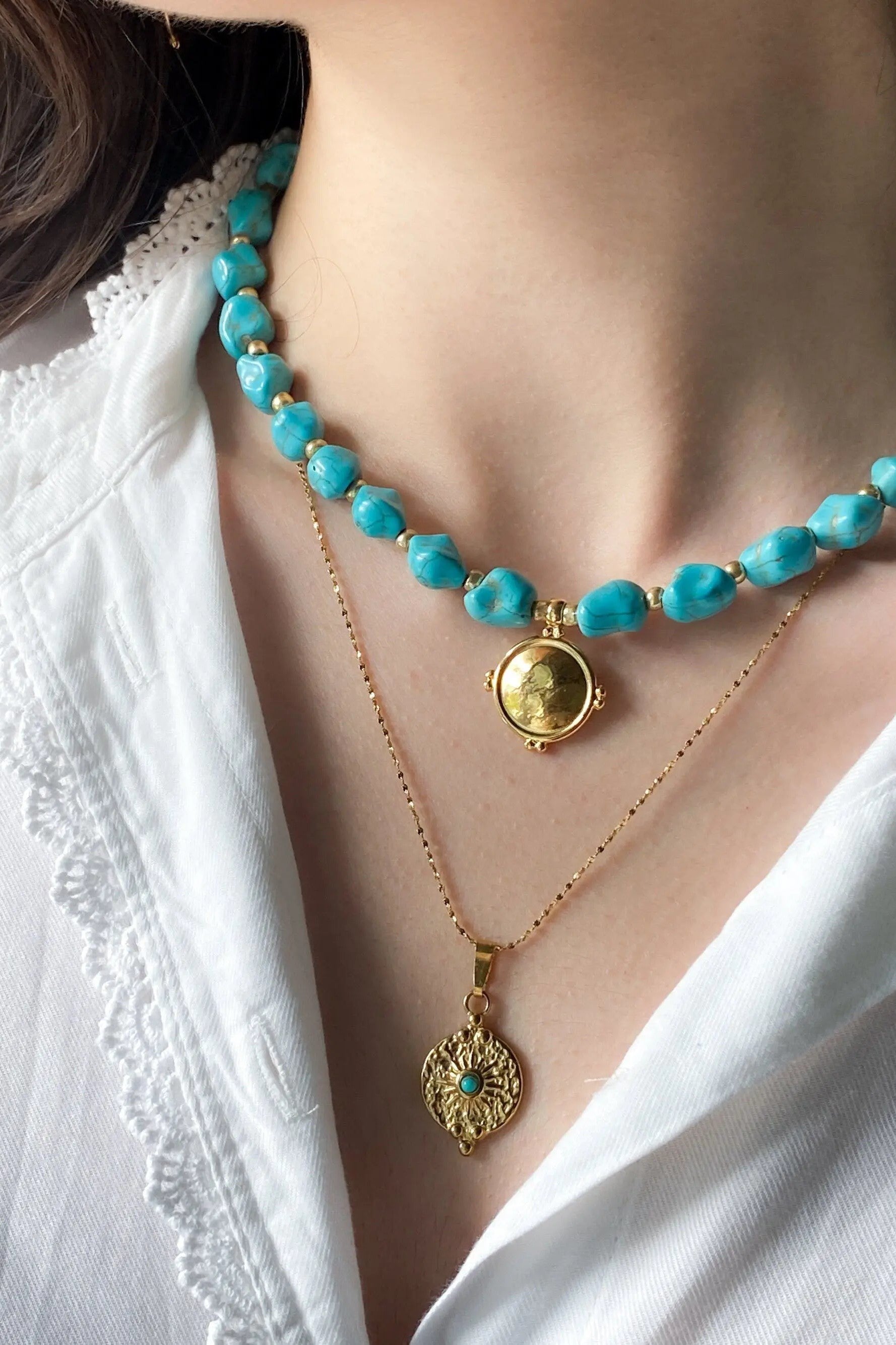 Necklace Turquoise stones Necklace Gold Pendant Blue Gemstones Chocker Gift for her Necklace Gold Coin