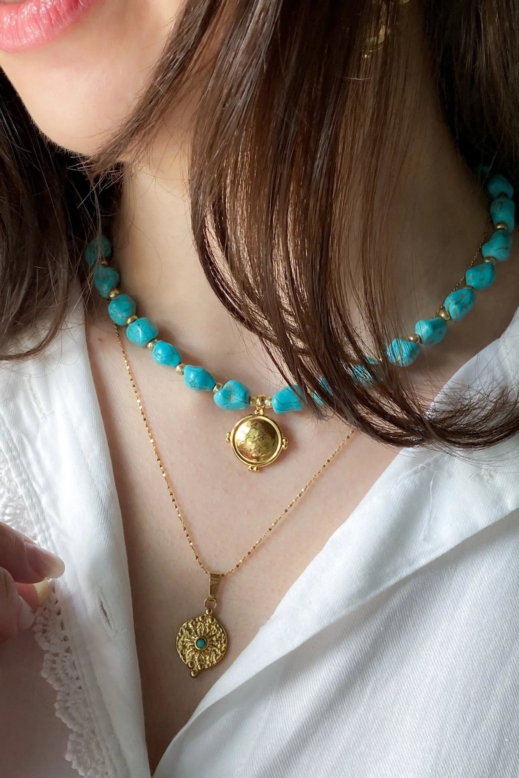 Necklace Turquoise stones Necklace Gold Pendant Blue Gemstones Chocker Gift for her Necklace Gold Coin