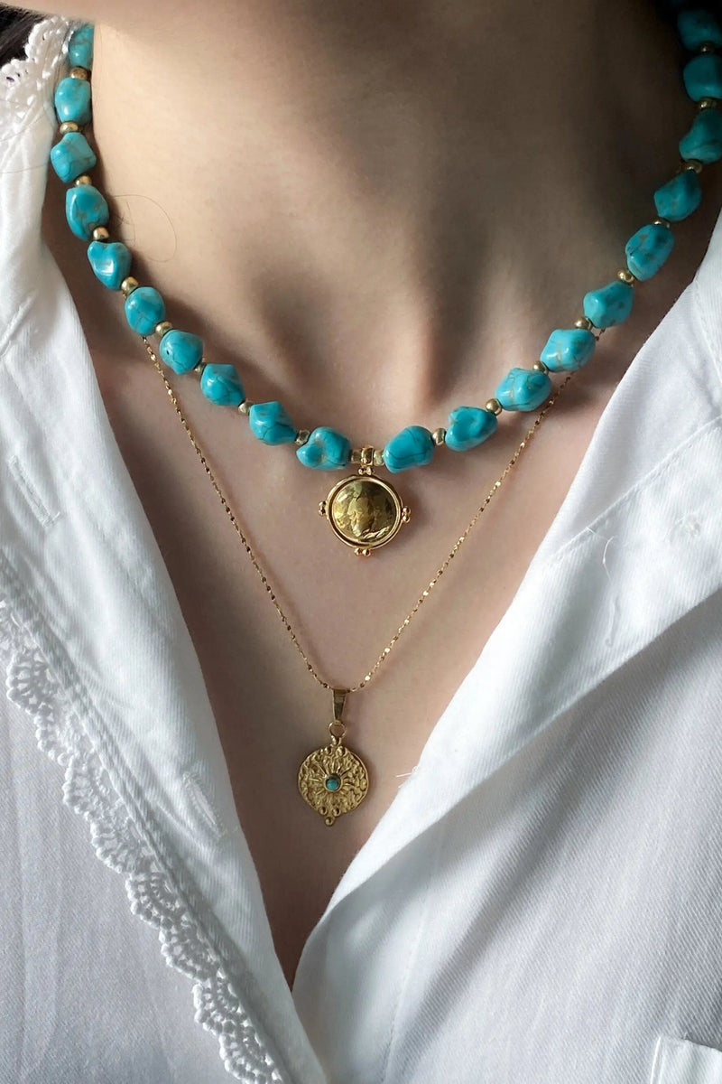 Necklace Turquoise stones Necklace Gold Pendant Blue Gemstones Chocker Gift for her Necklace Gold Coin