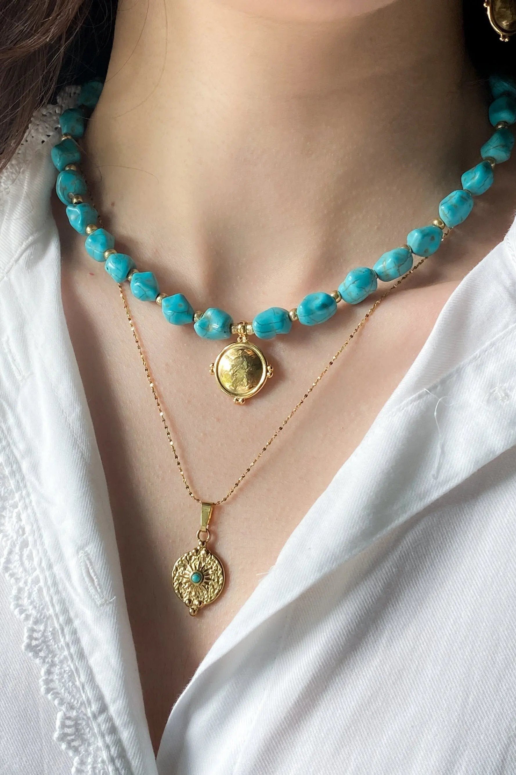 Necklace Turquoise stones Necklace Gold Pendant Blue Gemstones Chocker Gift for her Necklace Gold Coin