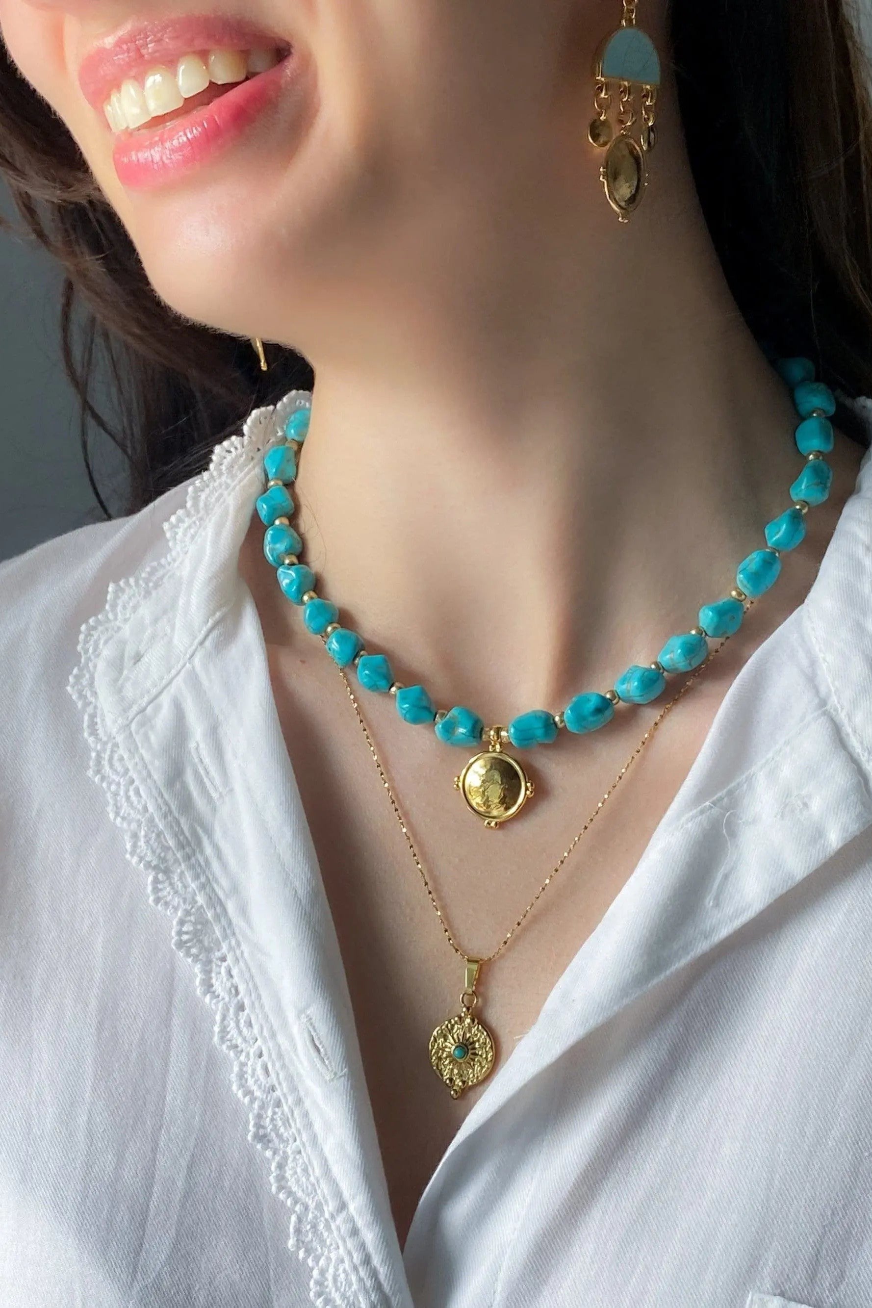 Necklace Turquoise stones Necklace Gold Pendant Blue Gemstones Chocker Gift for her Necklace Gold Coin