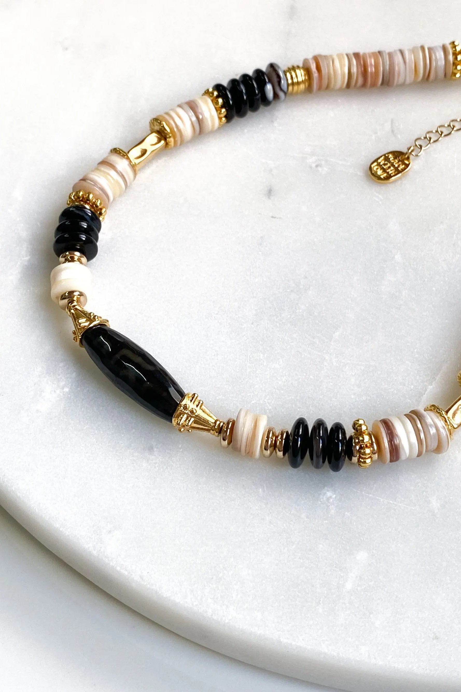 Heishi Necklace Shell Black Onyx Necklace Statement Boho Necklace Surfer Choker Onyx Stone Necklace