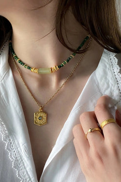 Gift for Mum Green Aventurine Necklace Jade Heishi Necklace Statement Boho Necklace Surfer Choker Gold Green Necklace