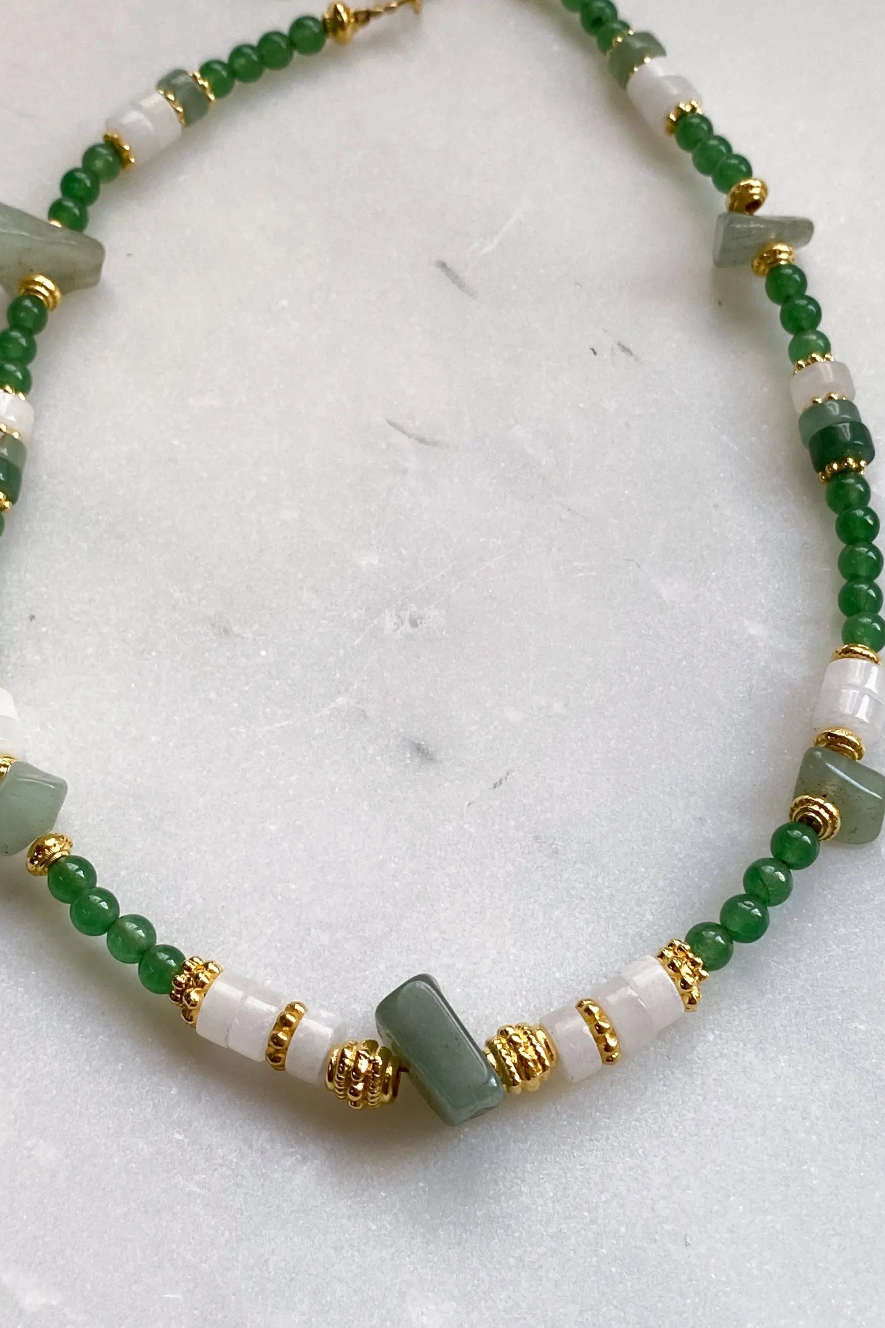 Green Aventurine Necklace White Quartz Heishi Necklace Statement Boho Necklace Surfer Choker Gold Green Necklace Gift for Mum