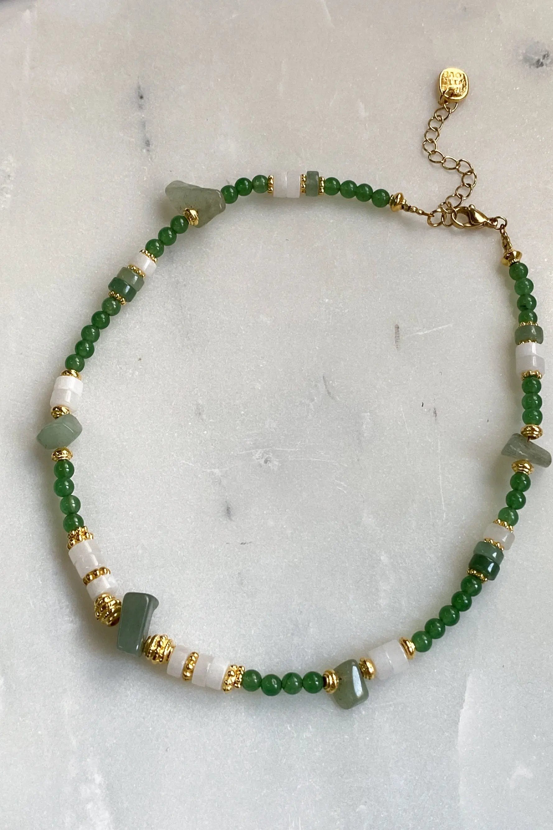 Green Aventurine Necklace White Quartz Heishi Necklace Statement Boho Necklace Surfer Choker Gold Green Necklace Gift for Mum