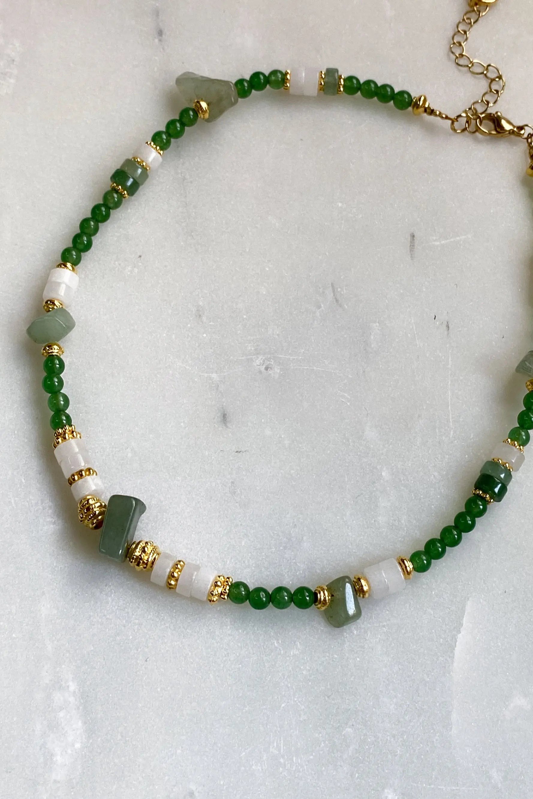 Green Aventurine Necklace White Quartz Heishi Necklace Statement Boho Necklace Surfer Choker Gold Green Necklace Gift for Mum