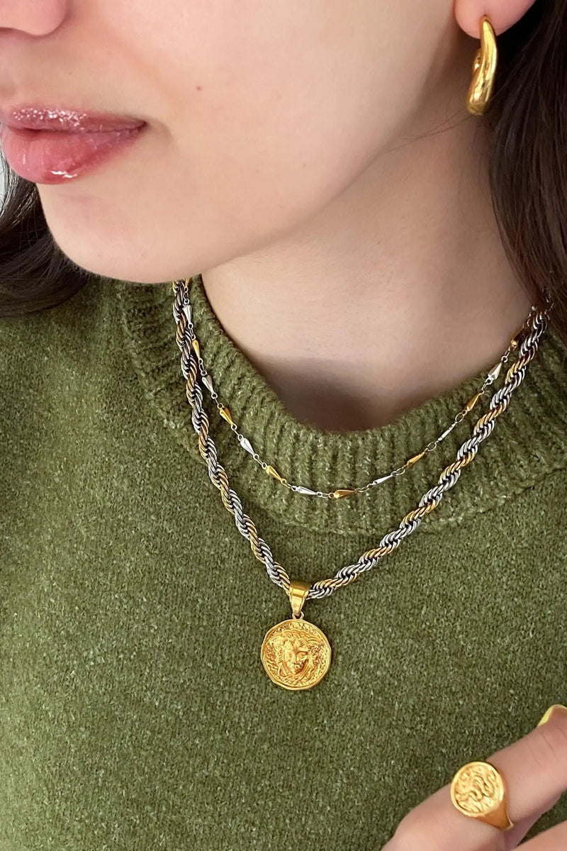 Gift for Mum Coin Necklace Gold Medusa Necklace Pendant Coin Necklace Rope Chain necklace Vintage Style