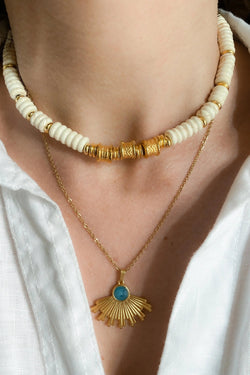 KLÉLIA Heishi necklace, Statement Boho Necklace, Surfer choker necklace, Collier Pierre, Bijoux Ethniques, Turquoise Charoite chocker