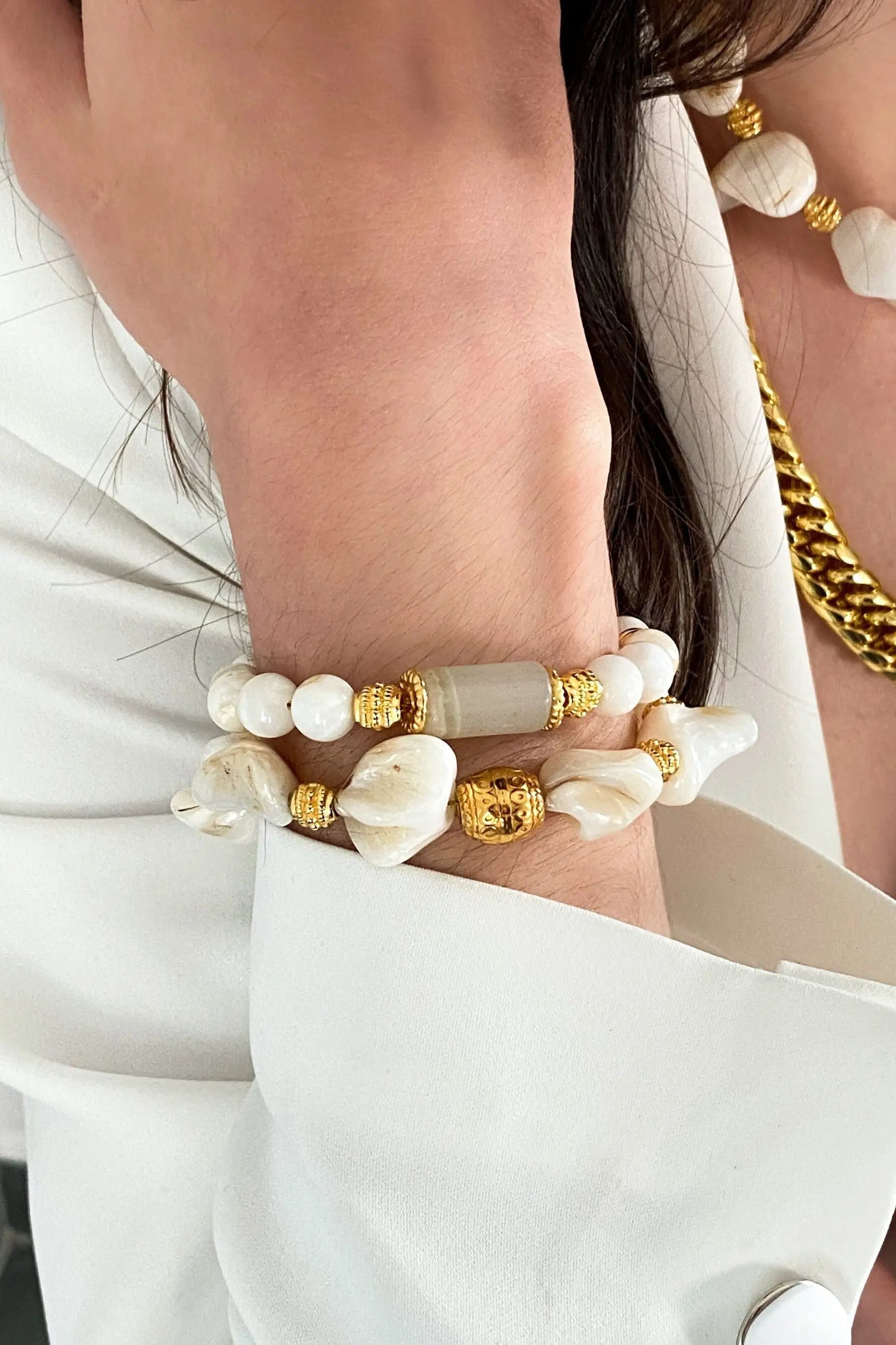 Jade & Coral Bracelet White Shell Bracelet Boho Chic Summer Bracelet for Woman Gift for Her, CELIA