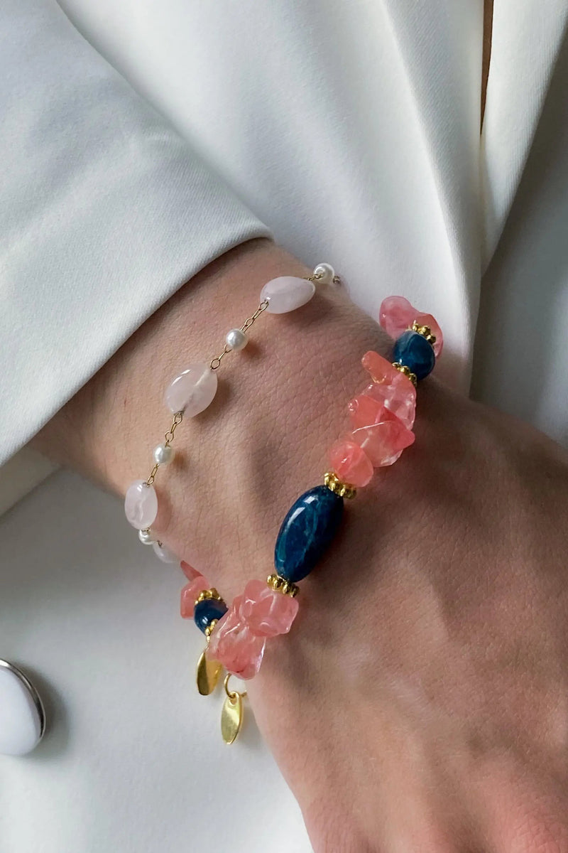 Birthday Gift Pink Tourmaline & Blue Agate Bracelet Crystal Heishi Bracelet Boho Chic Bracelet for Woman Gift for Mum, MAYA