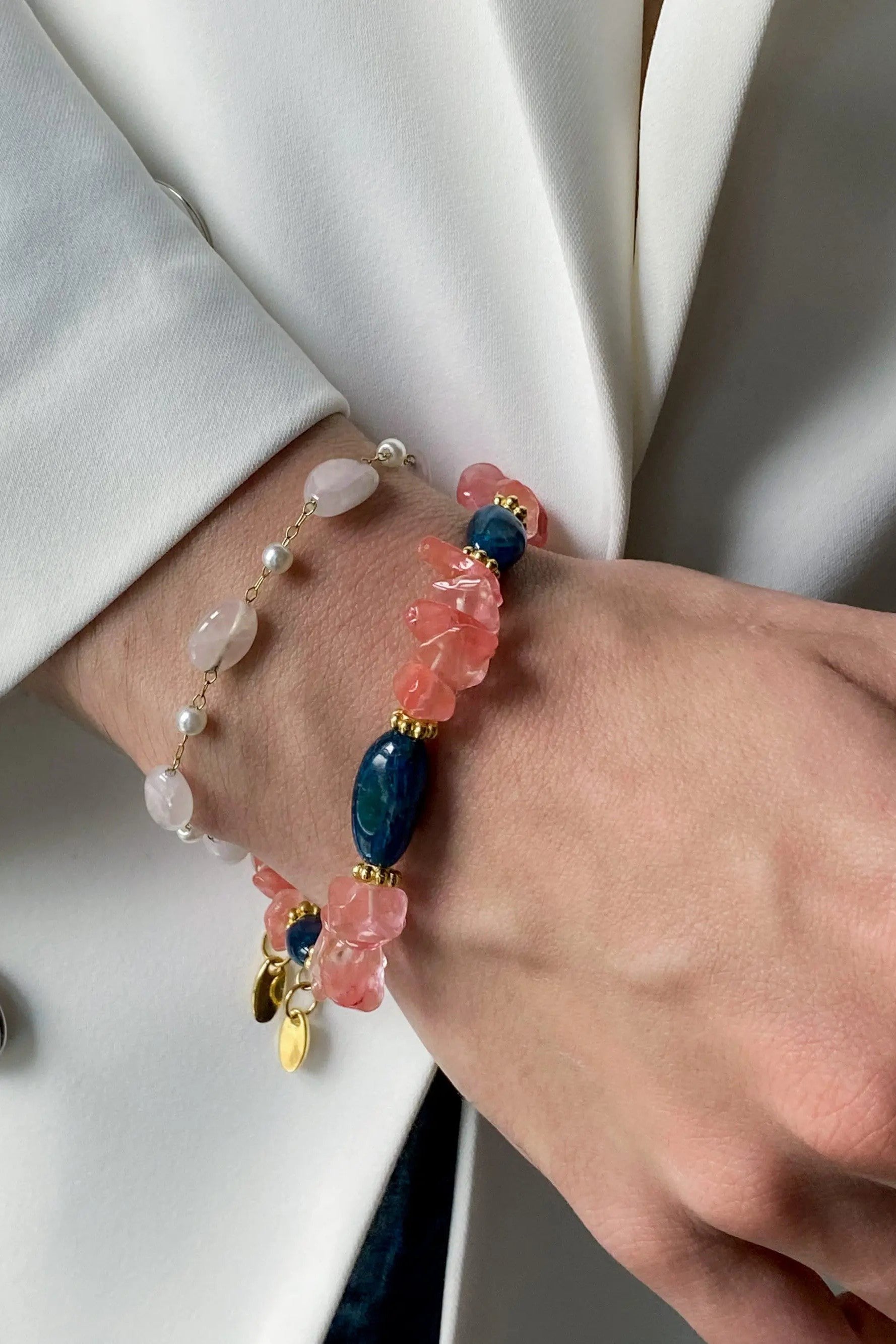 Birthday Gift Pink Tourmaline & Blue Agate Bracelet Crystal Heishi Bracelet Boho Chic Bracelet for Woman Gift for Mum, MAYA