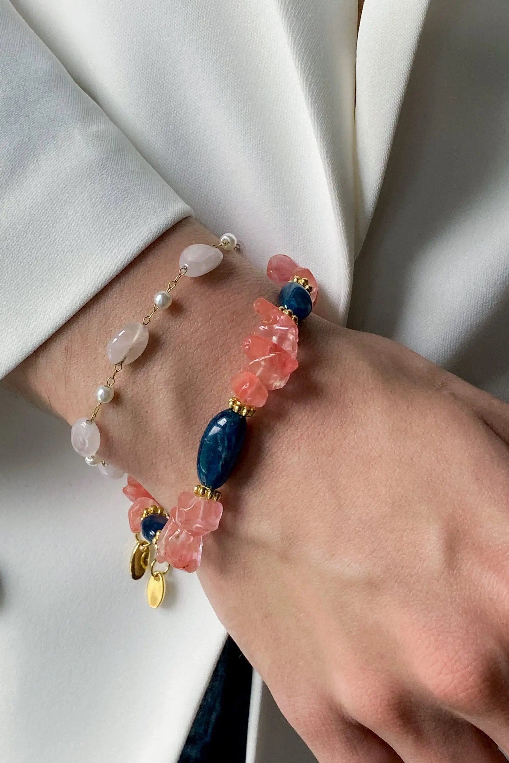 Birthday Gift Pink Tourmaline & Blue Agate Bracelet Crystal Heishi Bracelet Boho Chic Bracelet for Woman Gift for Mum, MAYA