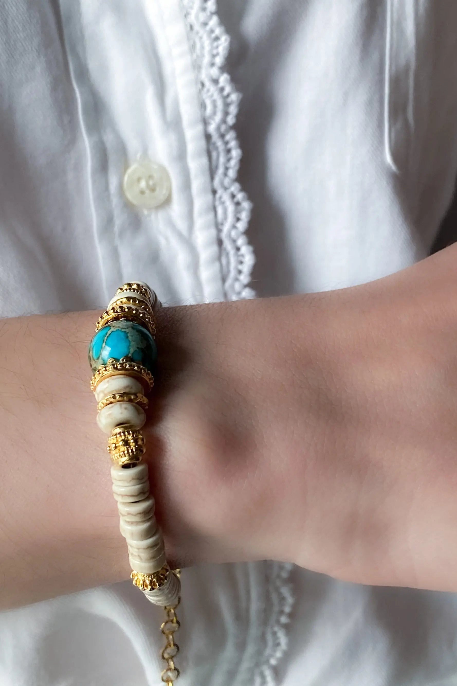 Turquoise & Jasper Bracelet Heishi Boho Chic Bracelet for Woman Gift for Girlfriend White Summer Bracelet, GAYA