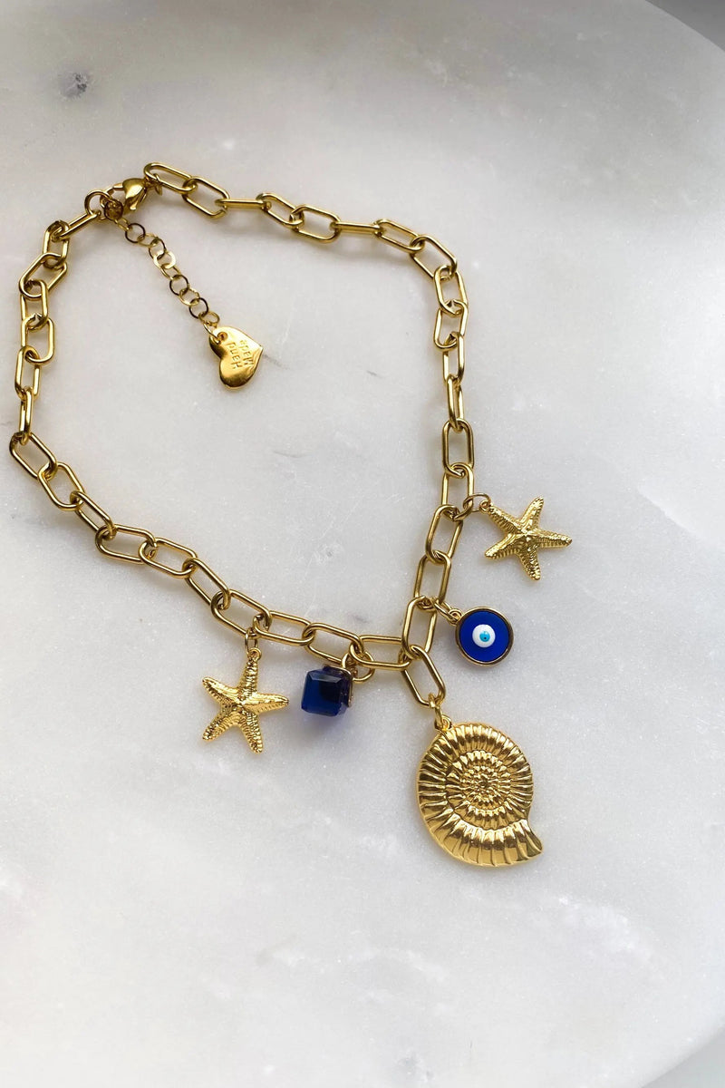 Gold Shell Necklace Evil Eye Charm Statement Necklace Chain Necklace Chunky Gold Starfish Pendant Beach Summer Gift for her, NIRIIDA