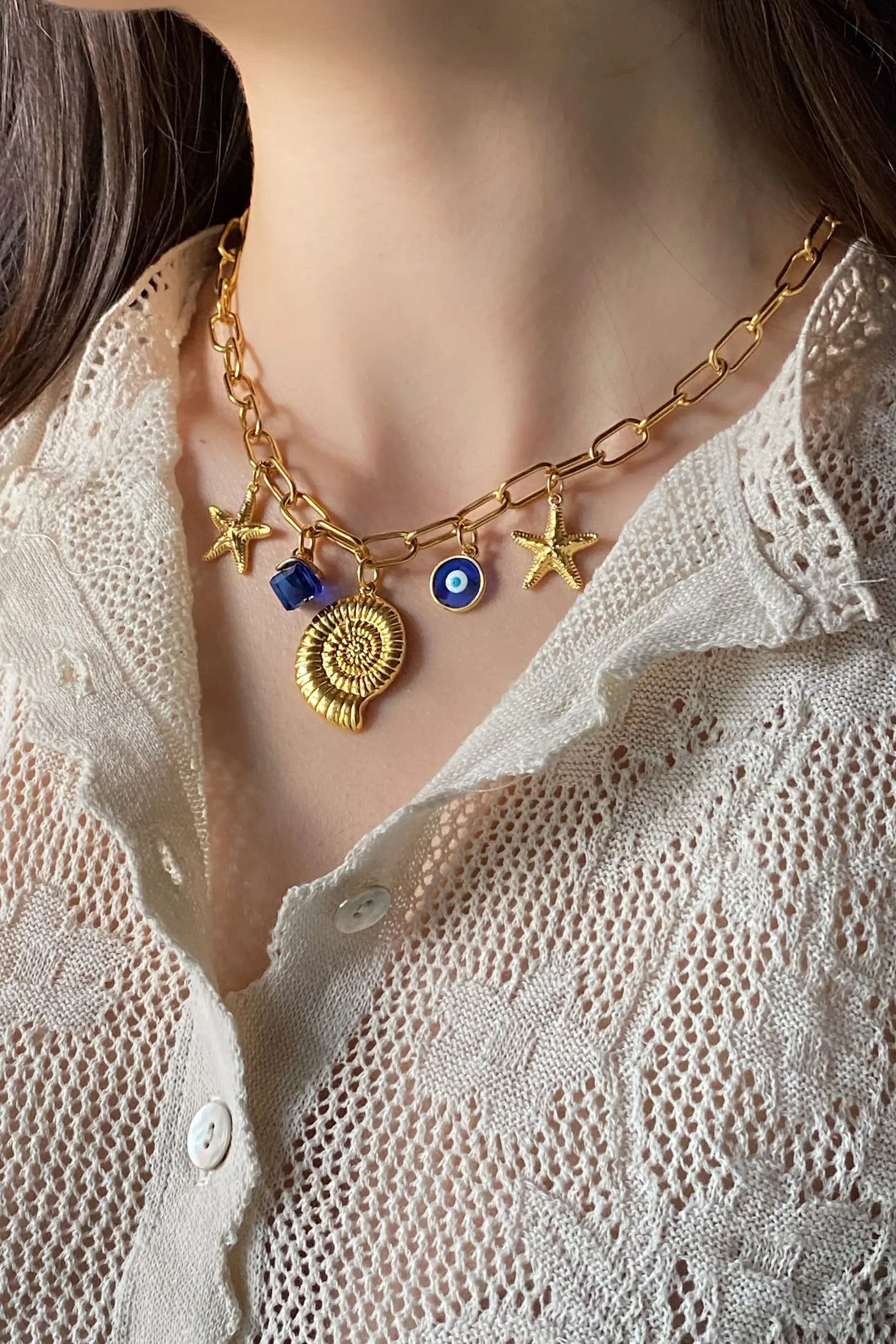 Gold Shell Necklace Evil Eye Charm Statement Necklace Chain Necklace Chunky Gold Starfish Pendant Beach Summer Gift for her, NIRIIDA