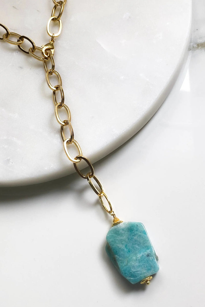 Big Stone Amazonite Necklace Blue Chunky Chain Lariat Necklace Gold Y necklace Summer Statement Necklace Anniversary Gift for Her, ALYZÉE