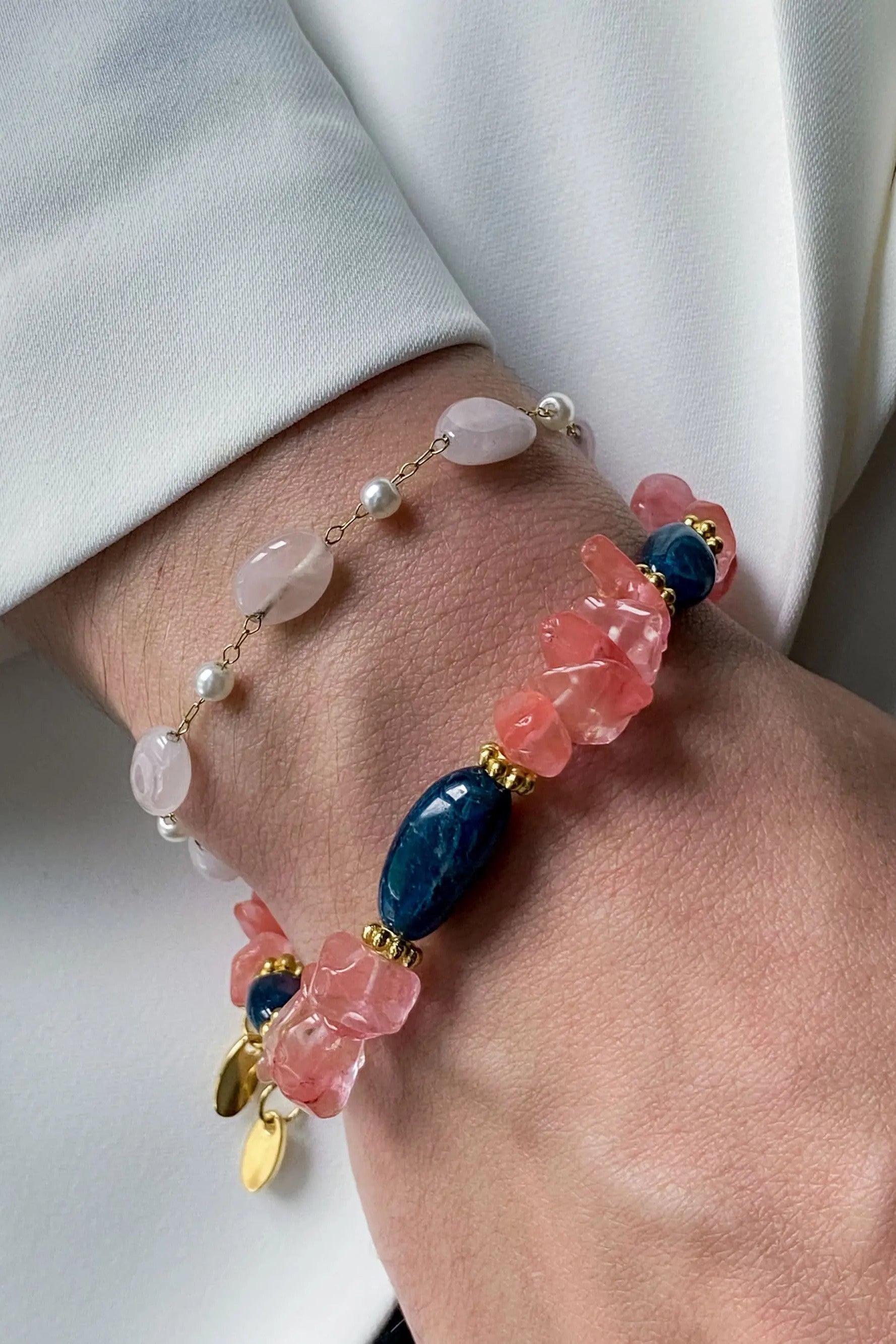 Birthday Gift Pink Tourmaline & Blue Agate Bracelet Crystal Heishi Bracelet Boho Chic Bracelet for Woman Gift for Mum, MAYA