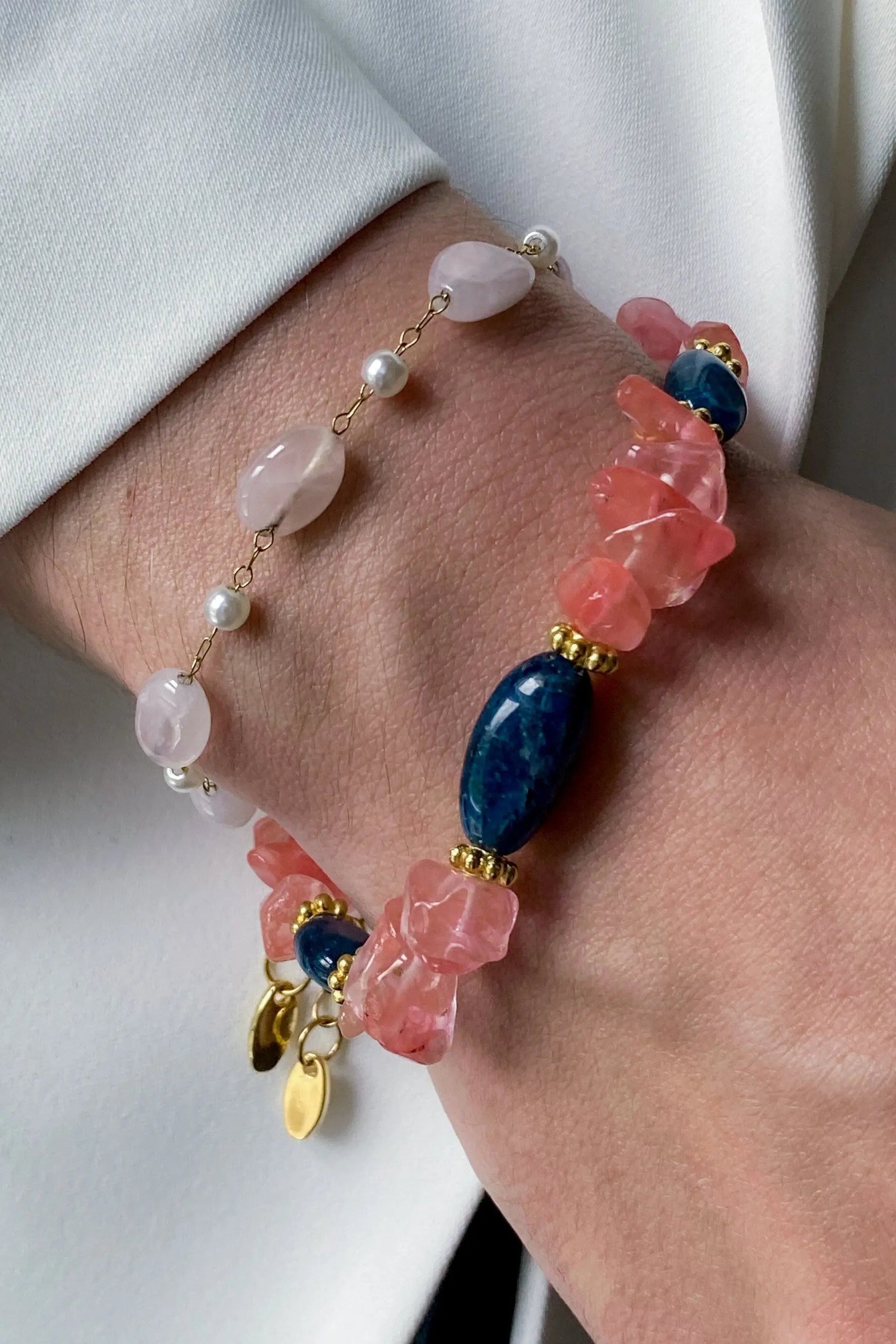 Birthday Gift Pink Tourmaline & Blue Agate Bracelet Crystal Heishi Bracelet Boho Chic Bracelet for Woman Gift for Mum, MAYA