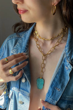 Big Stone Amazonite Necklace Blue Chunky Chain Lariat Necklace Gold Y necklace Summer Statement Necklace Anniversary Gift for Her, ALYZÉE