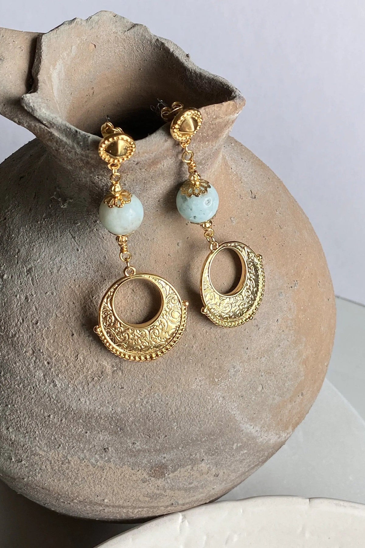 IRIS Amazonite Earrings with pale blue round stones, gold-tone beaded details and ornate circular drop pendants