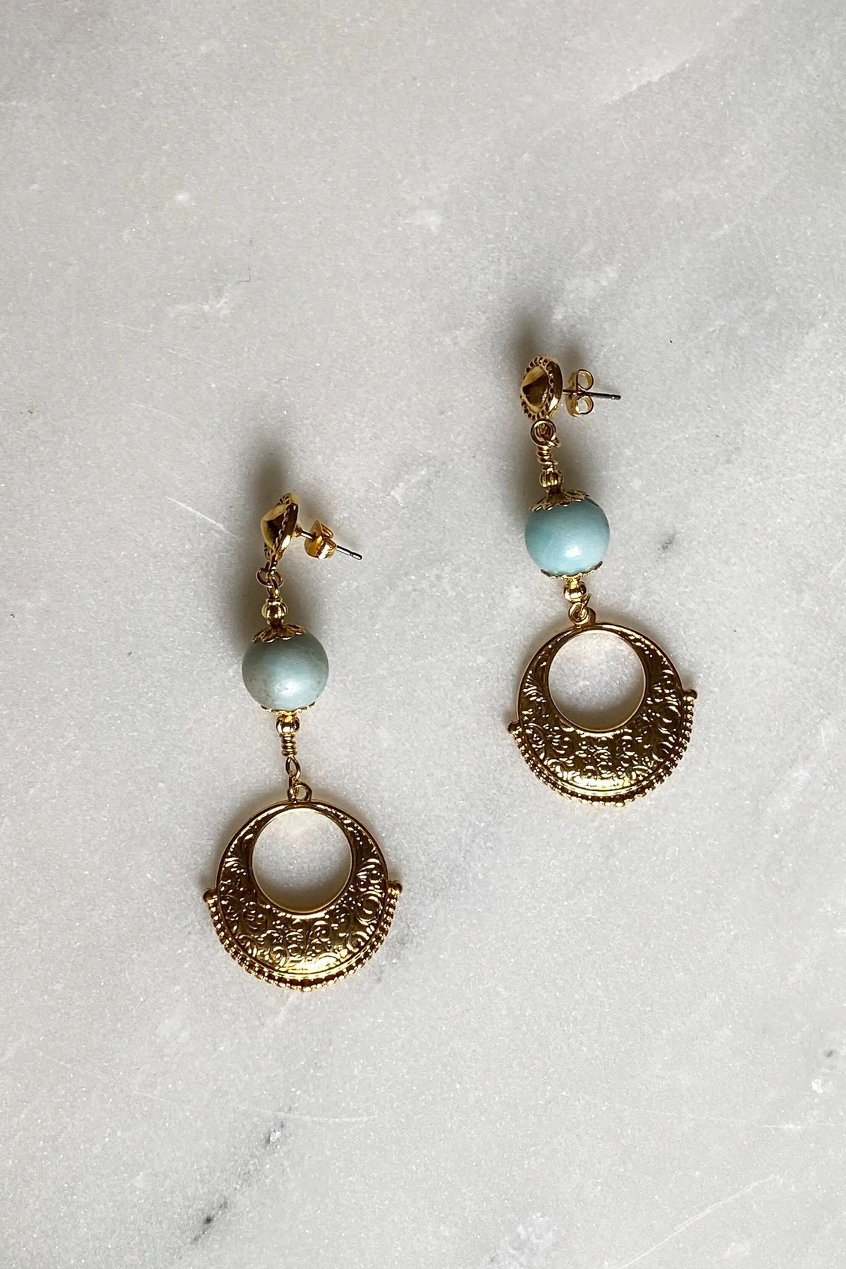 IRIS Amazonite Earrings with pale blue round stones and ornate gold-tone openwork circular drops