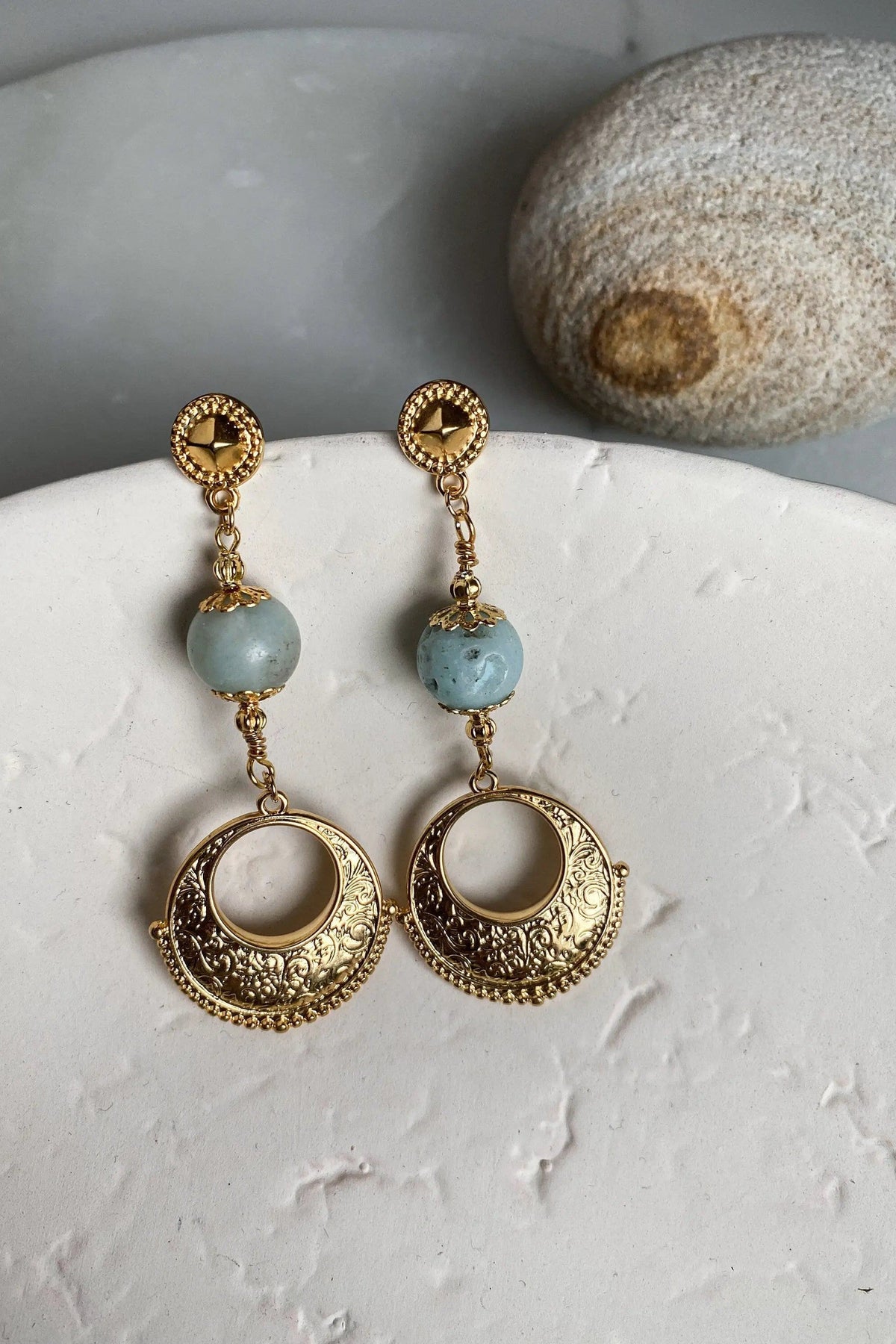 IRIS Amazonite Earrings with gold-tone ornate circular drops, delicate chains and pale blue-green stone beads