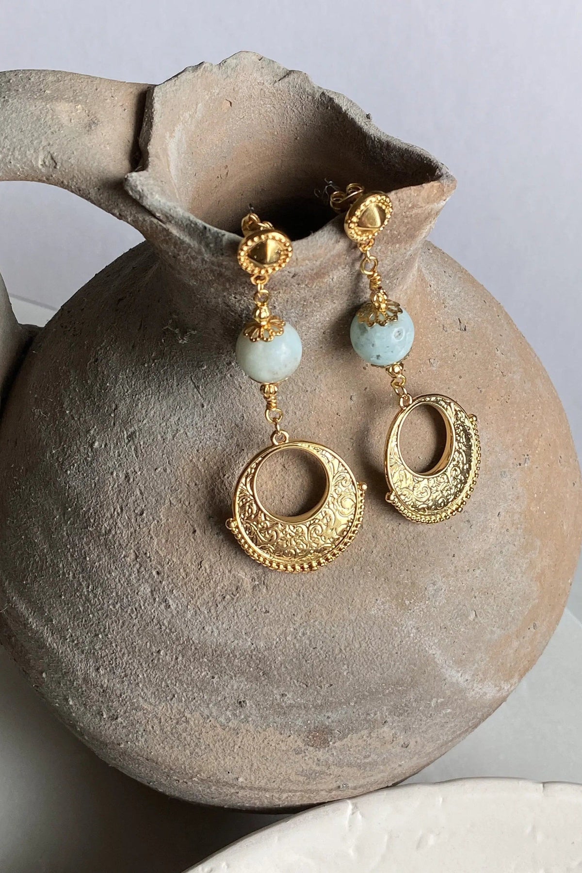 IRIS Amazonite Earrings, gold-tone filigree dangles with pale blue round beads and ornate circular drops
