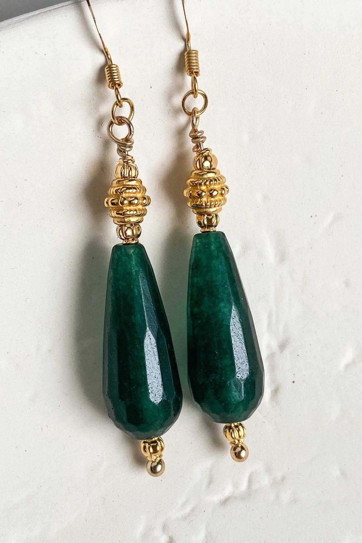 KIVÉLI Boho Necklace earrings with faceted deep green jade drops and ornate gold-tone coiled metal accents