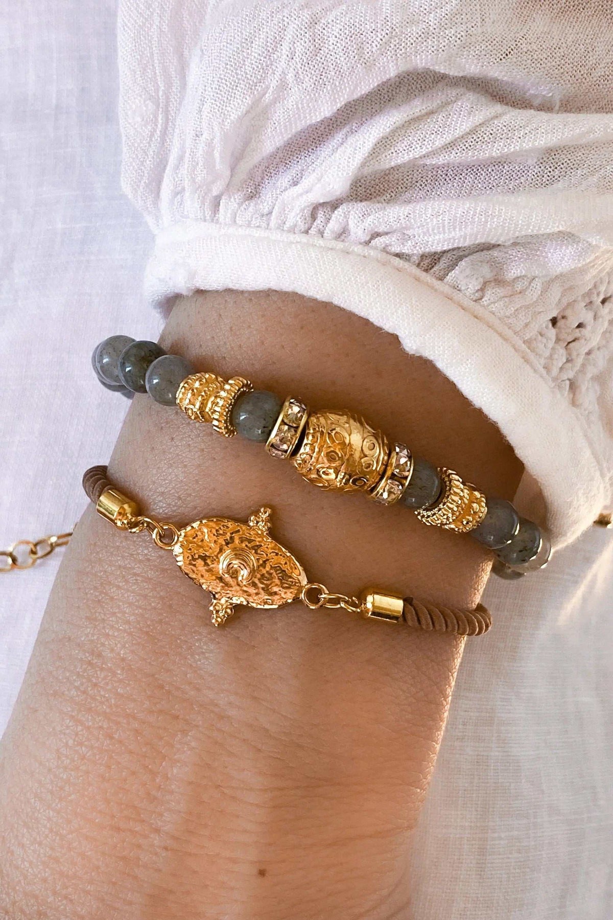 Labradorite beaded bracelet with grey-green round stones, ornate gold-tone beads and a matching gold charm bracelet