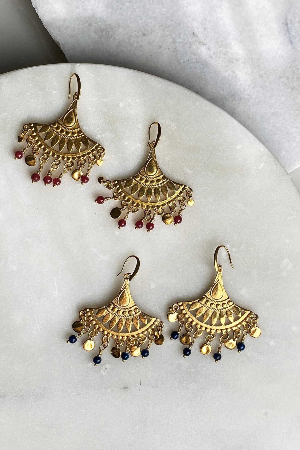 LITÓ EARRINGS, ornate gold-toned brass chandelier earrings with fan motifs and dangling red, blue, and gold beads