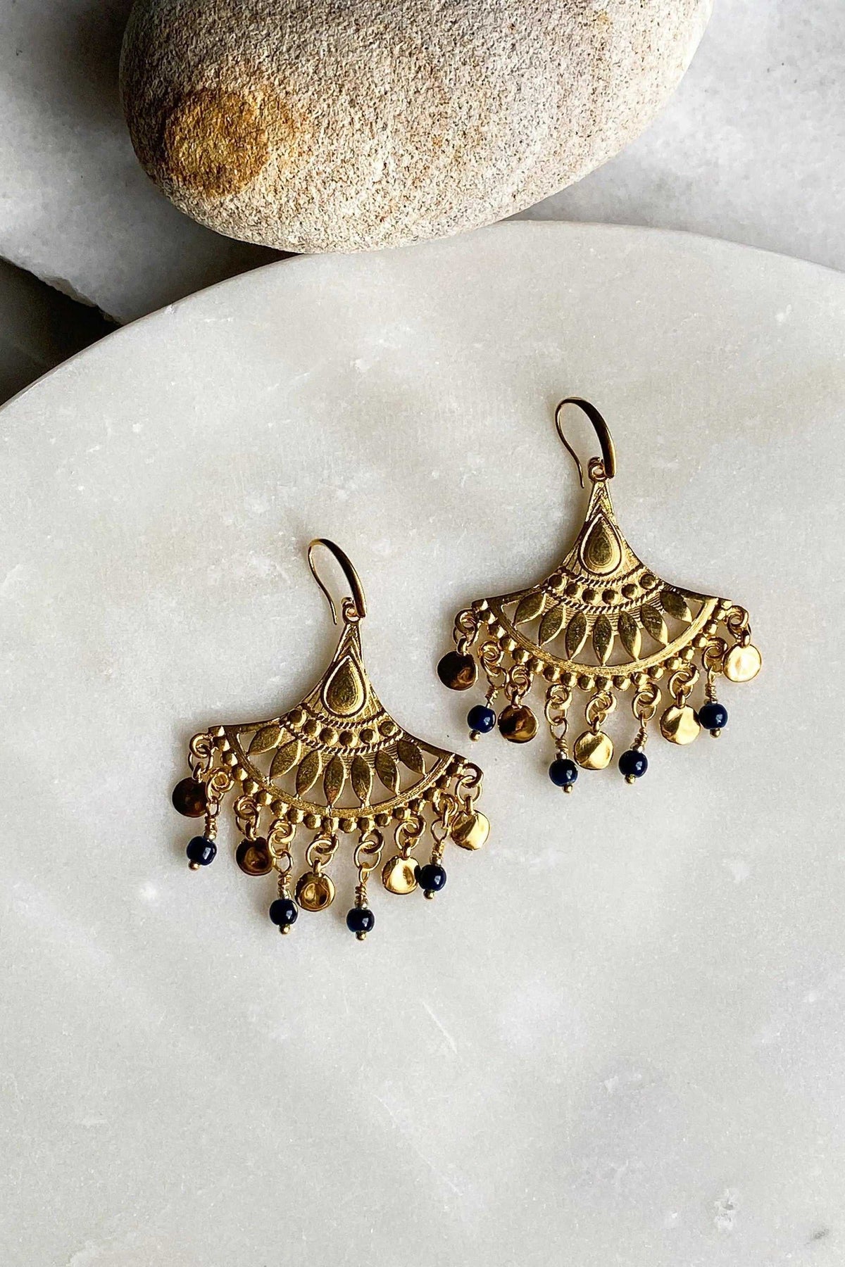 LITÓ EARRINGS, gold-tone statement earrings with ornate fan shapes and dangling black and gold beads