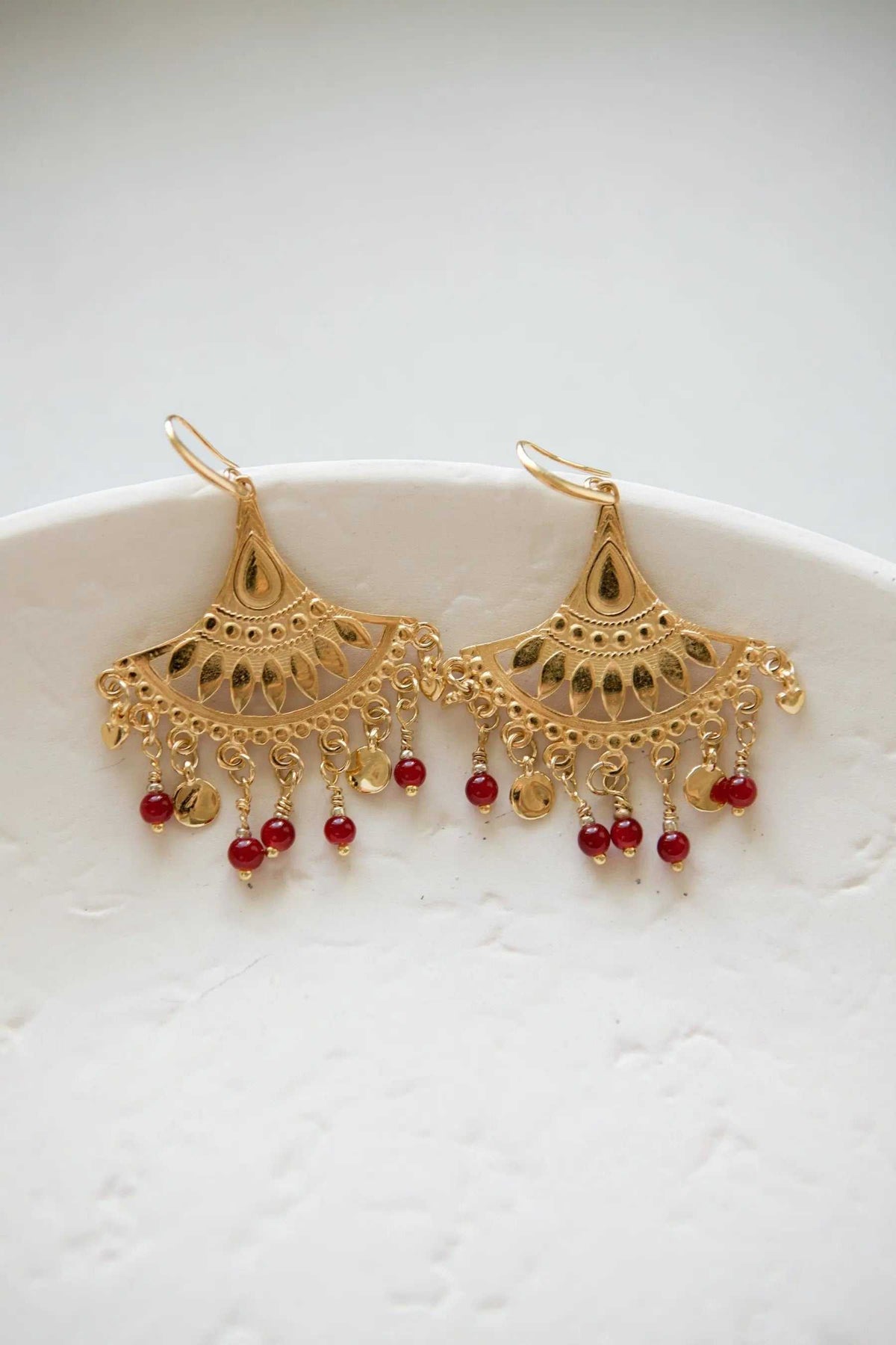 LITÓ EARRINGS gold-plated brass statement earrings with ornate filigree and red and green glass bead drops