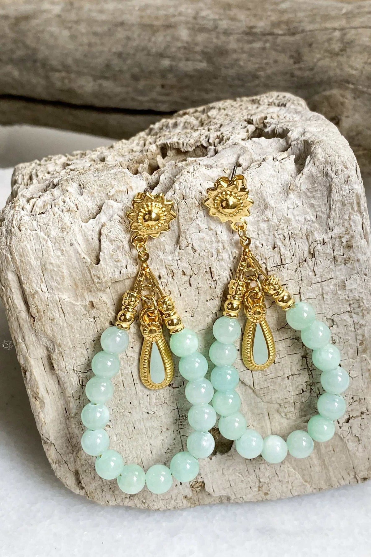 LUNO Oversize hoops earrings in gold-tone filigree with pale mint jade beads and ornate floral studs