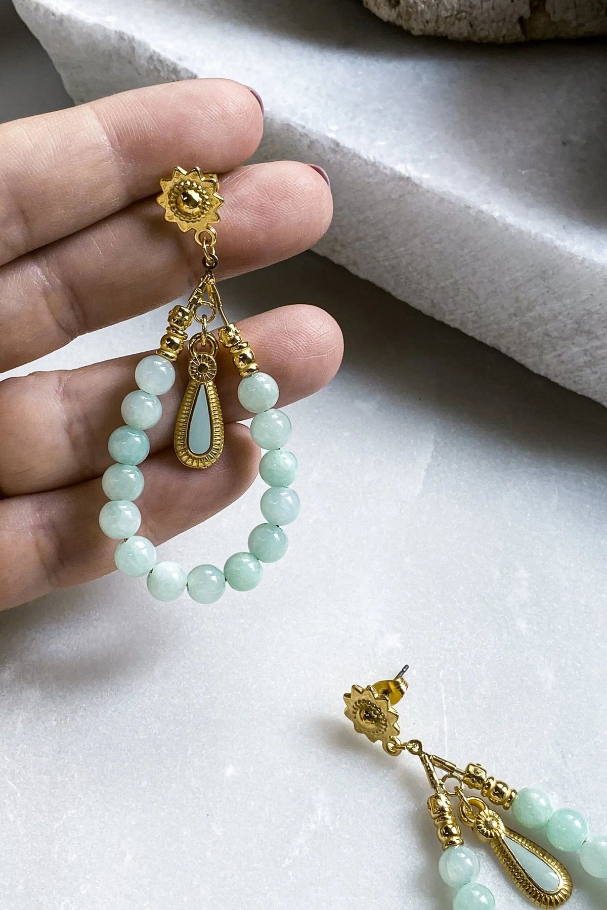 LUNO Oversize hoops earrings in gold-tone metal with pale green jade bead hoops and ornate drop details