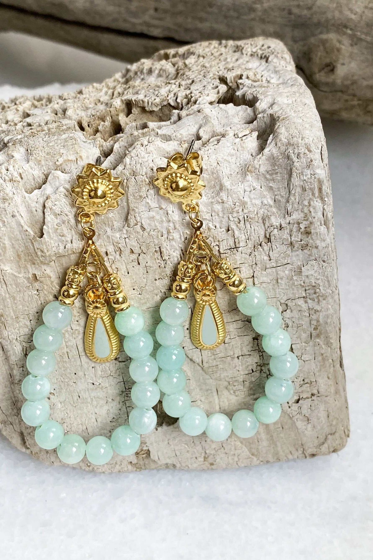LUNO Oversize hoops earrings in gold-tone metal with pale mint round beads and ornate floral stud tops
