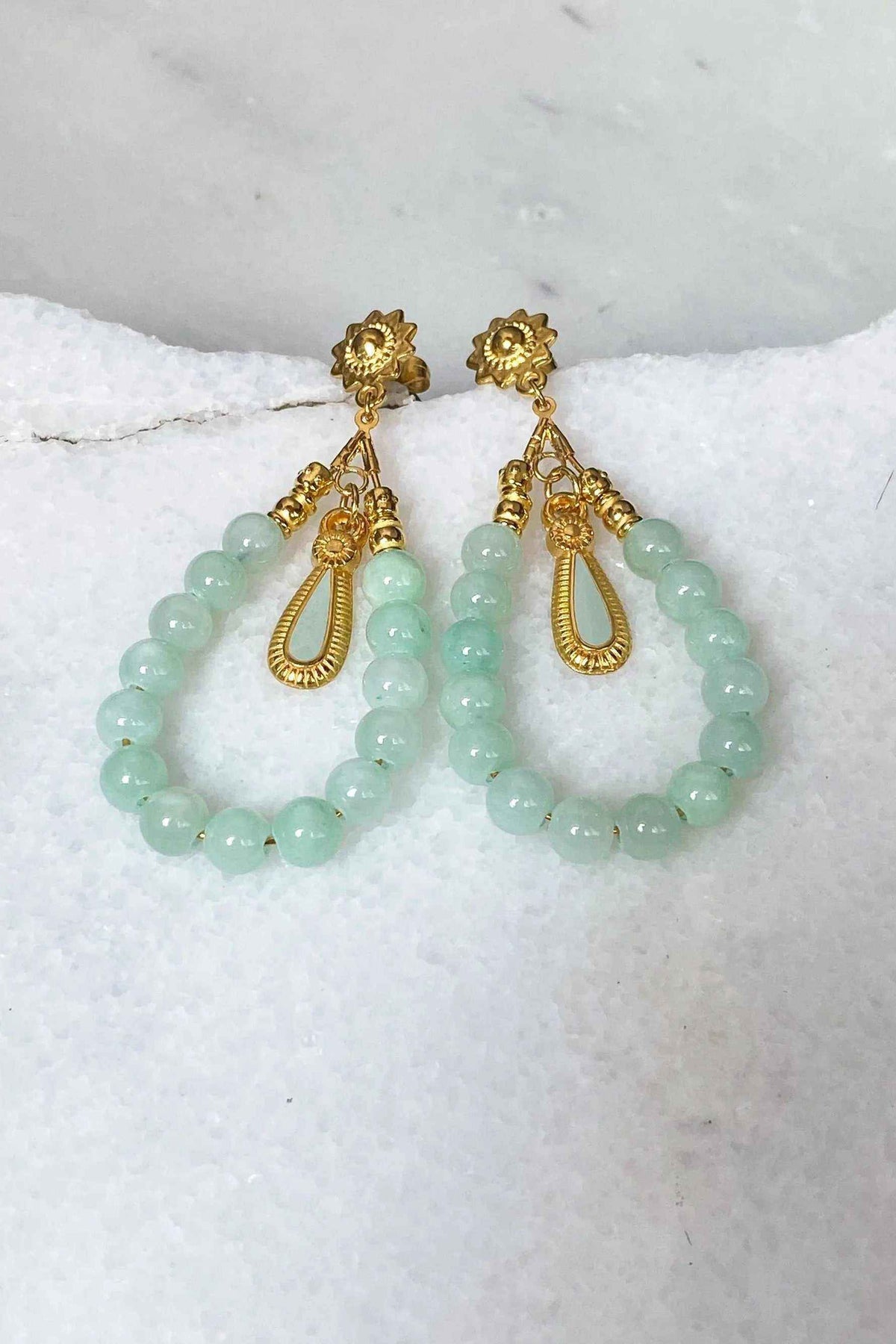 LUNO Oversize hoops earrings with pale green jade beads, ornate gold-tone floral studs and teardrop filigree accents