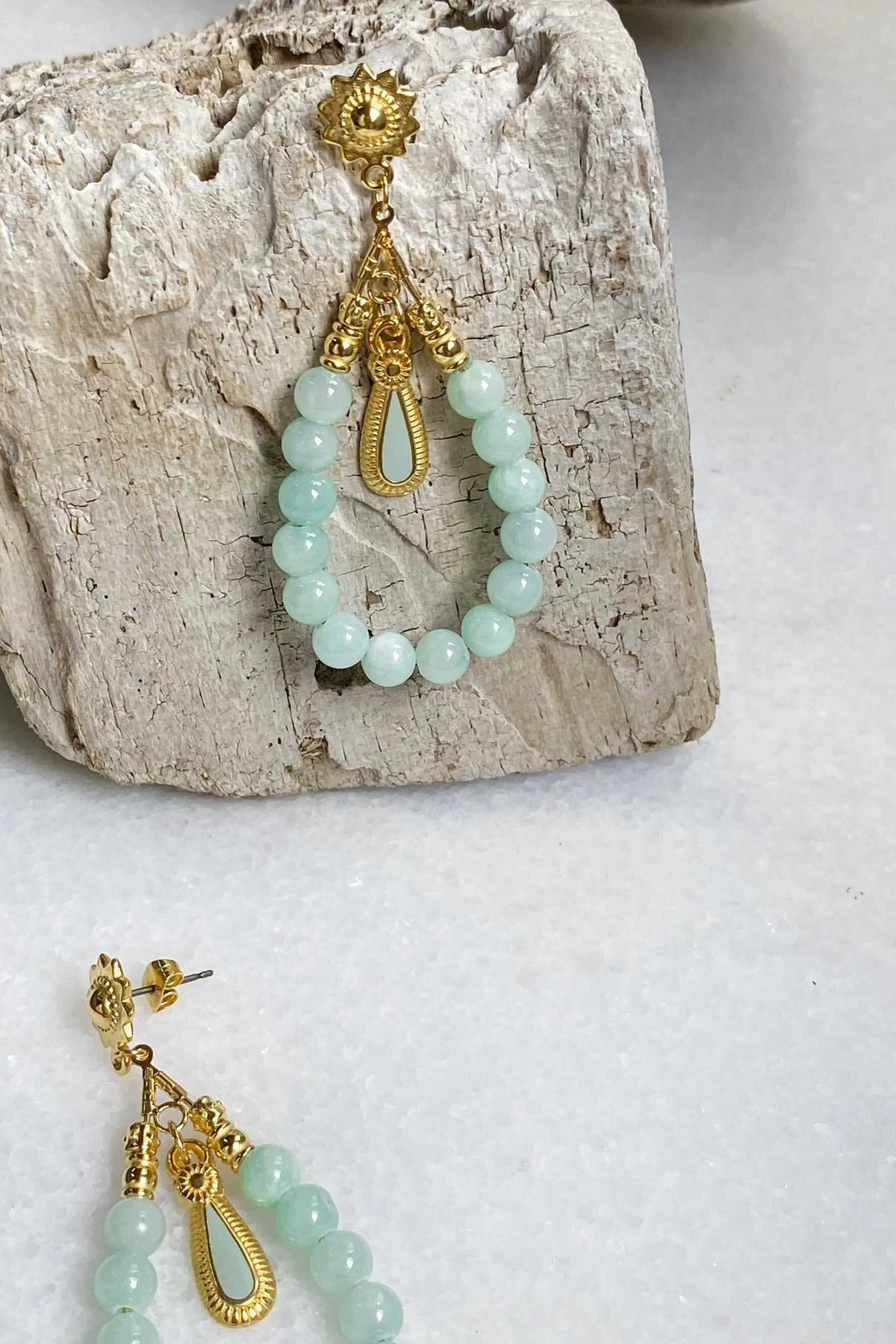 LUNO Oversize hoops earrings with pale green jade beads and ornate gold-tone filigree teardrop details